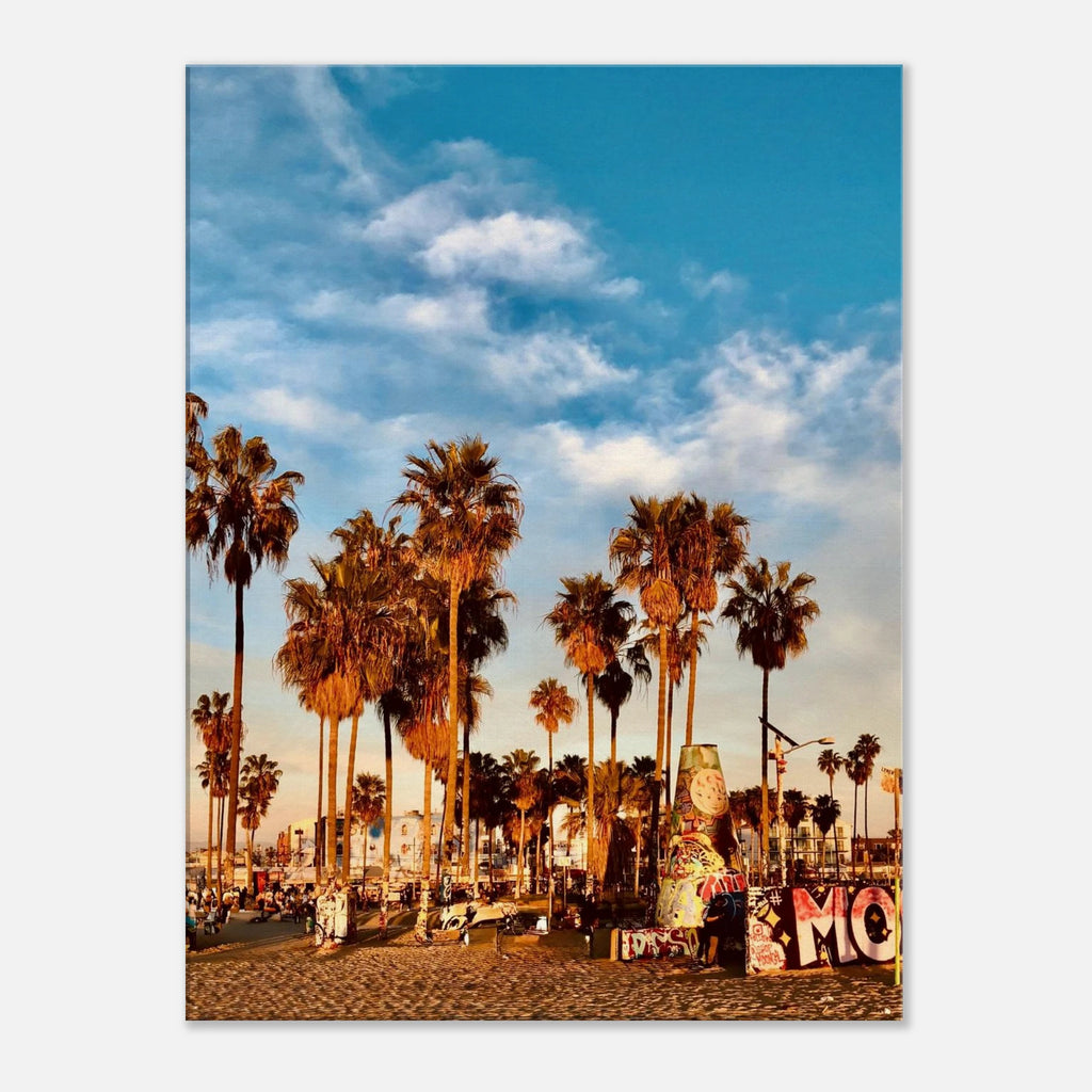 SoCal Beach canvas print featuring edgy palm trees and graffiti design, California-inspired studio edition wall art.
