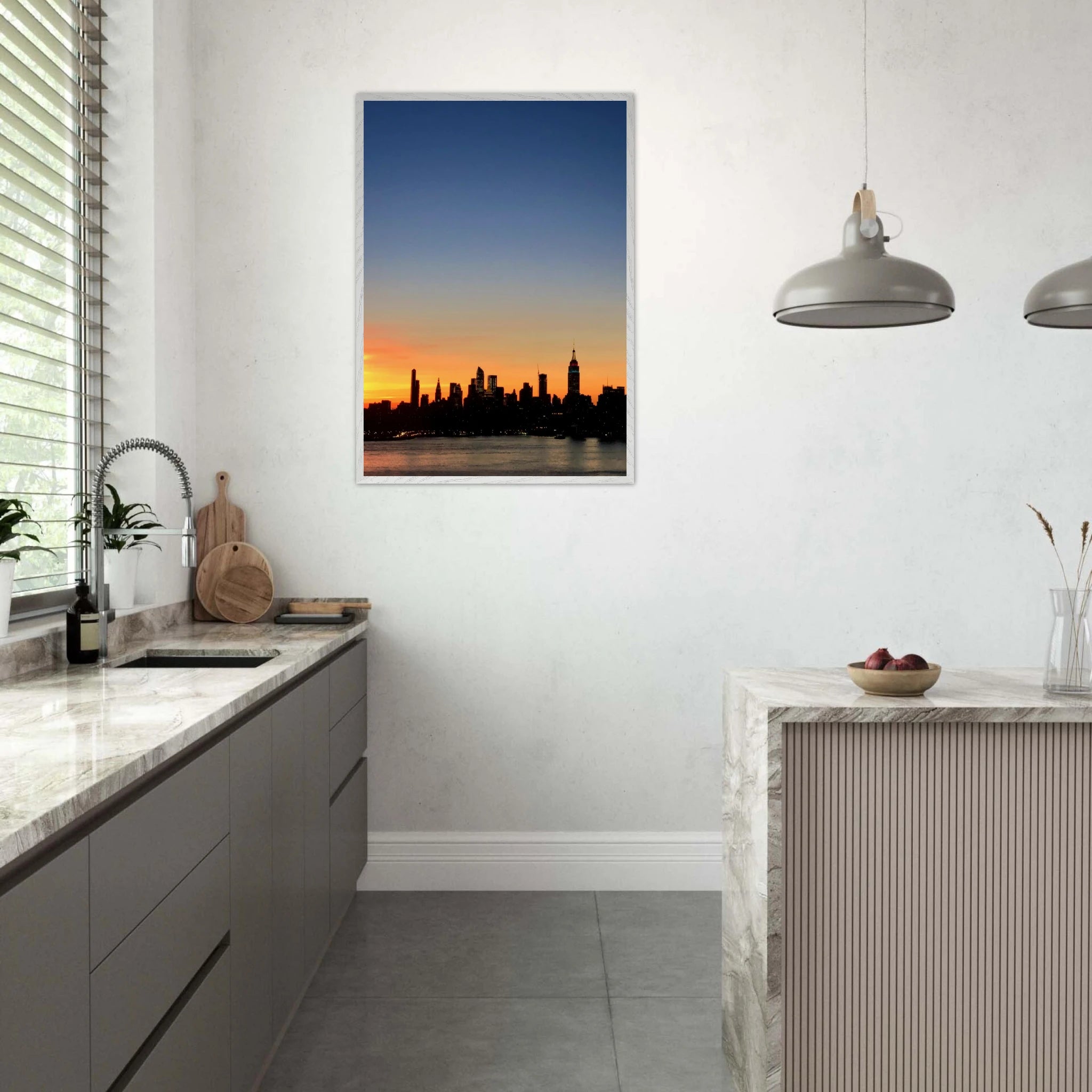 Wooden framed poster of Manhattan skyline at sunset, featuring vibrant colors and detailed cityscape wall art for home décor.