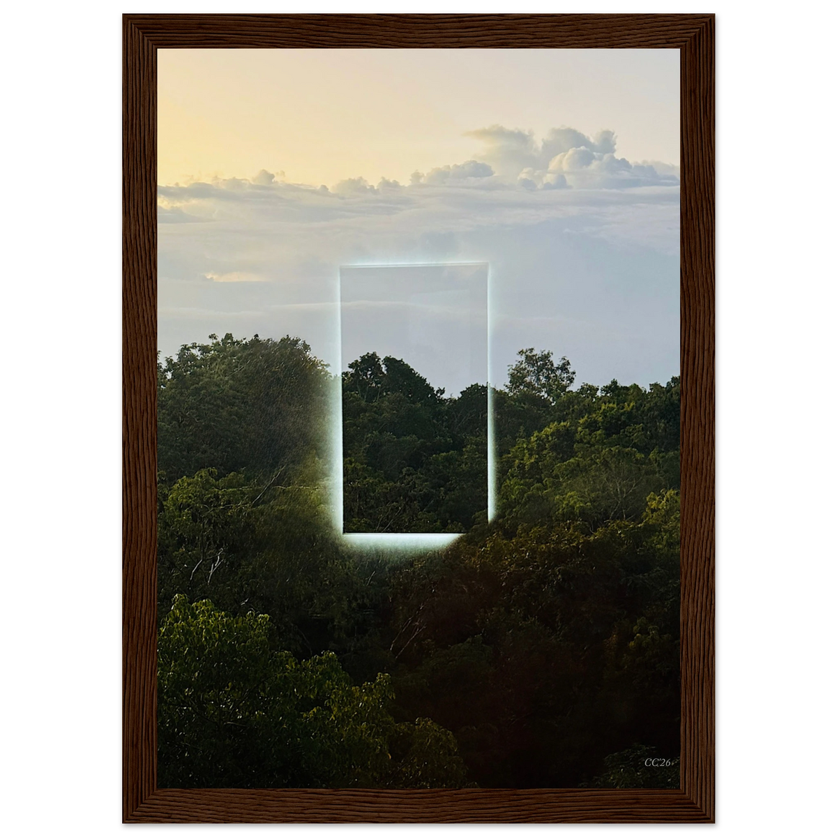 Color print titled "A Window into Jungle Stillness" by CaliCuration, showcasing vibrant tropical jungle scenery.