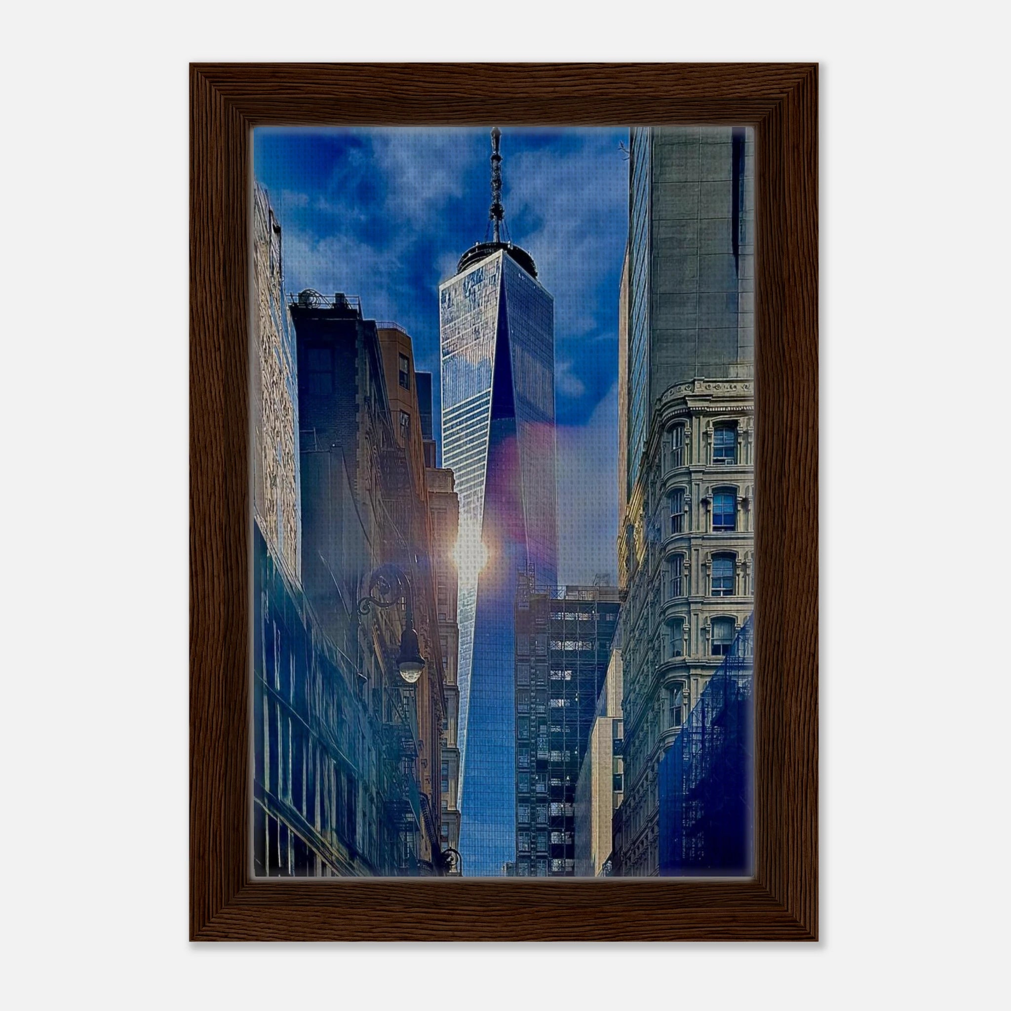 Framed canvas art print of magical sunlight reflection at One World Trade NYC, part of the Travel Collection by My Store.