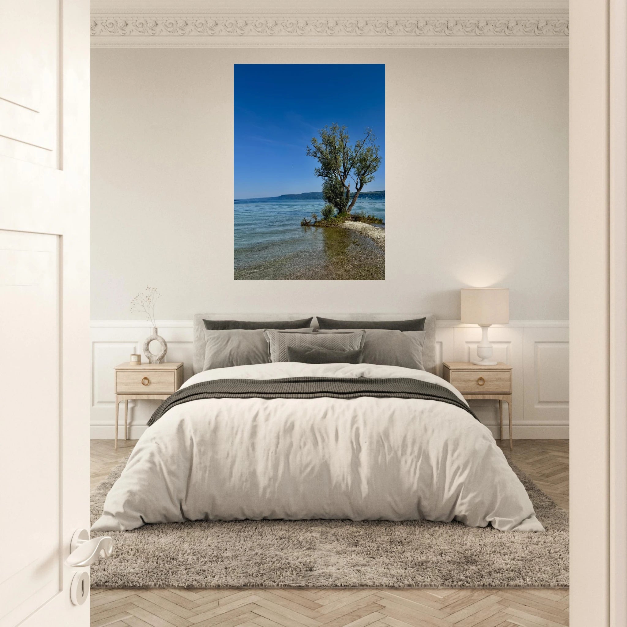 Aluminum print of a majestic tree on a European lake, nature-inspired wall art from the Travel Collection by My Store.