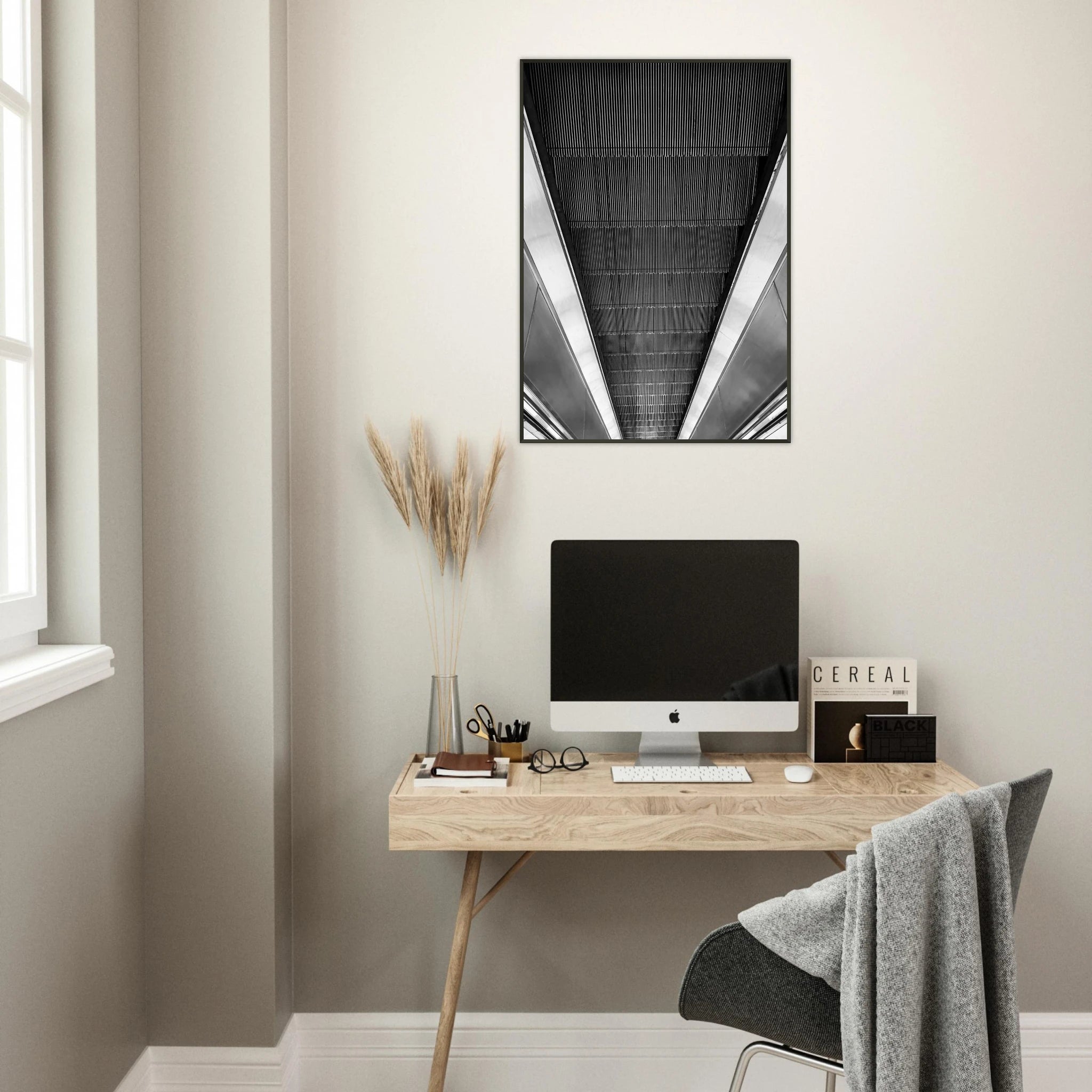 Black and white framed print of London Tube escalator abstract artwork from the Studio Edition Travel Collection.