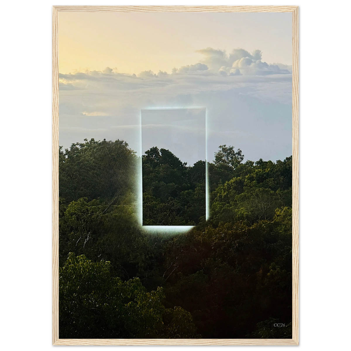 Color print titled "A Window into Jungle Stillness" by CaliCuration, featuring a serene jungle scene in vibrant colors.