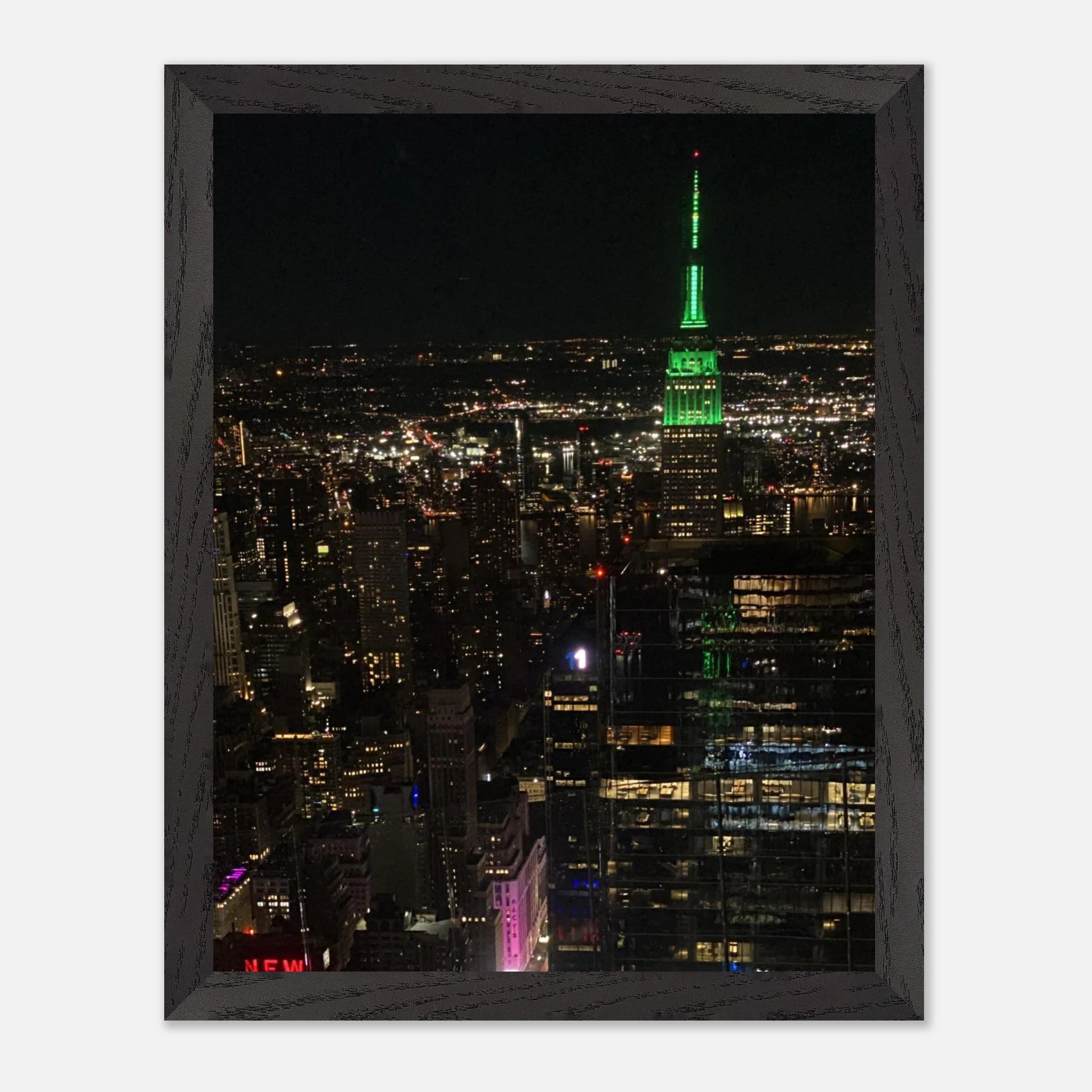 Wood-mounted framed poster of NYC downtown night view featuring Empire State Building, part of the Travel Collection studio edition.