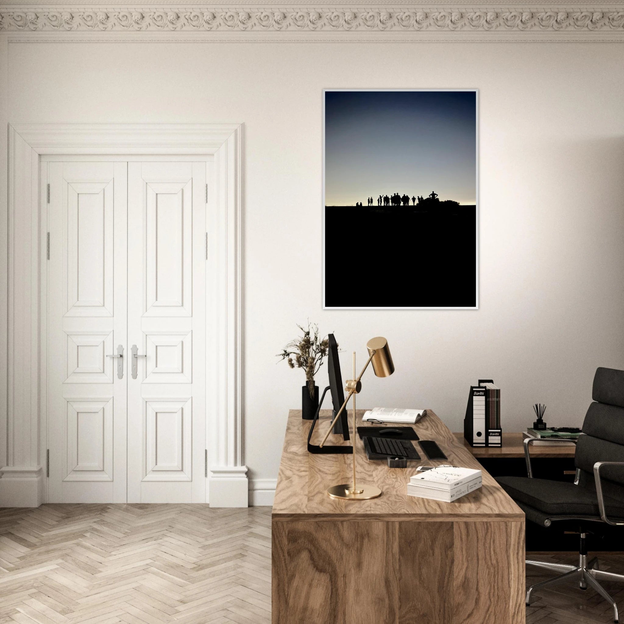 Black and white framed poster of Hollywood Hills with city lights, depicting California scenery in a Studio Edition print by My Store.