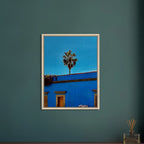 Colorful canvas print of Oaxaca streets in Mexico featuring palm trees, framed in blue, from CaliCuration's travel collection.