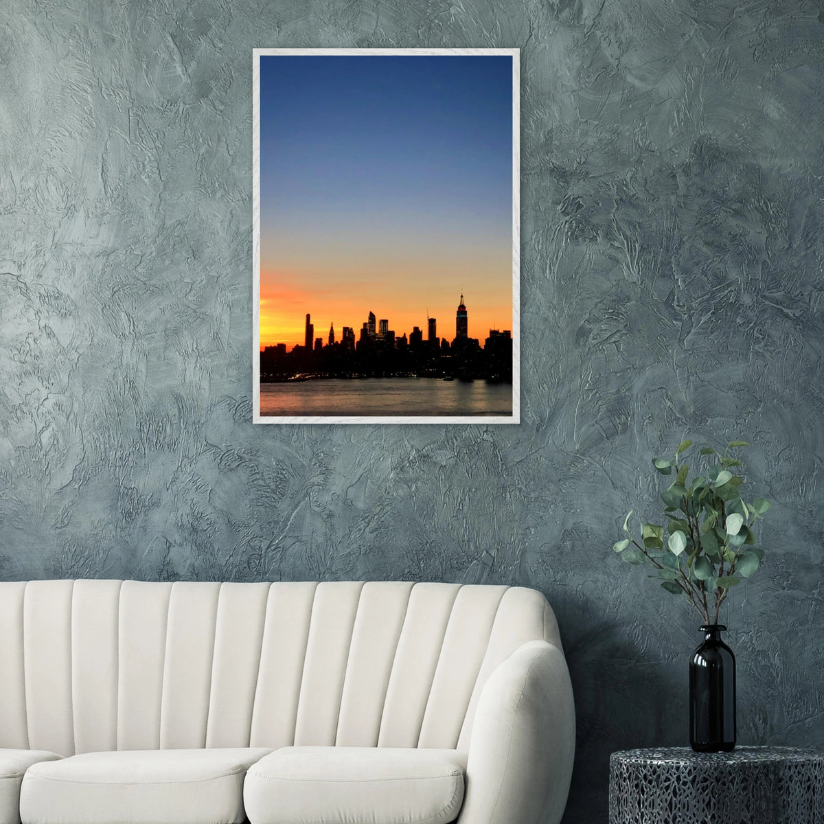 Manhattan skyline sunset framed poster showcasing NYC wall art, printed on high-quality material with vibrant sunset colors.