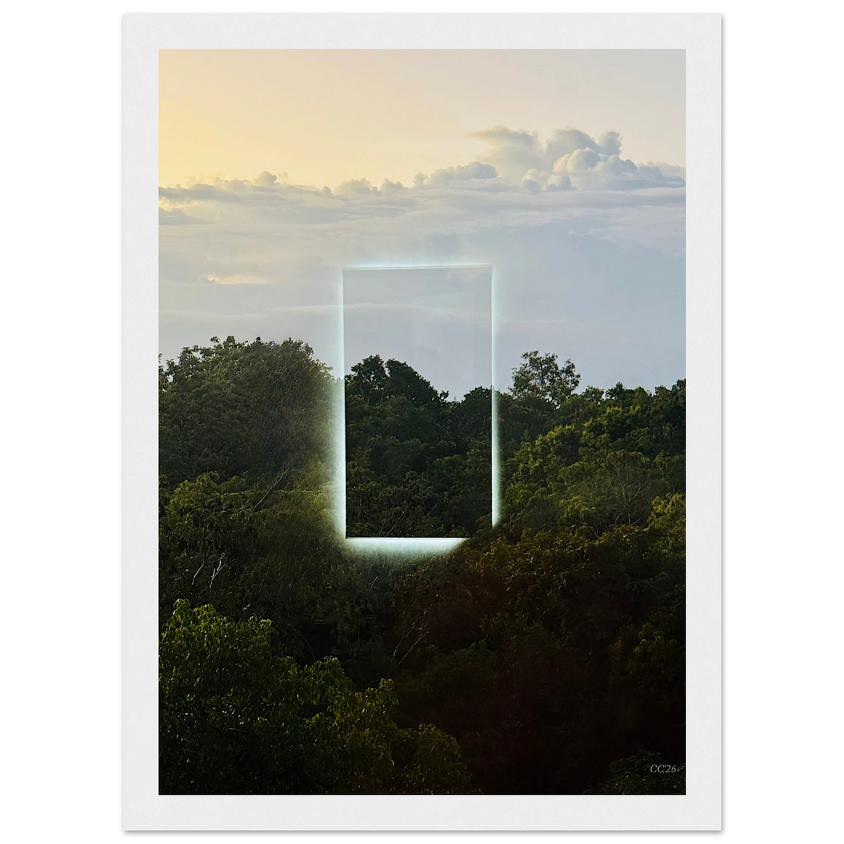 Color print titled "A Window into Jungle Stillness" by CaliCuration, featuring a serene jungle scene in vibrant colors.