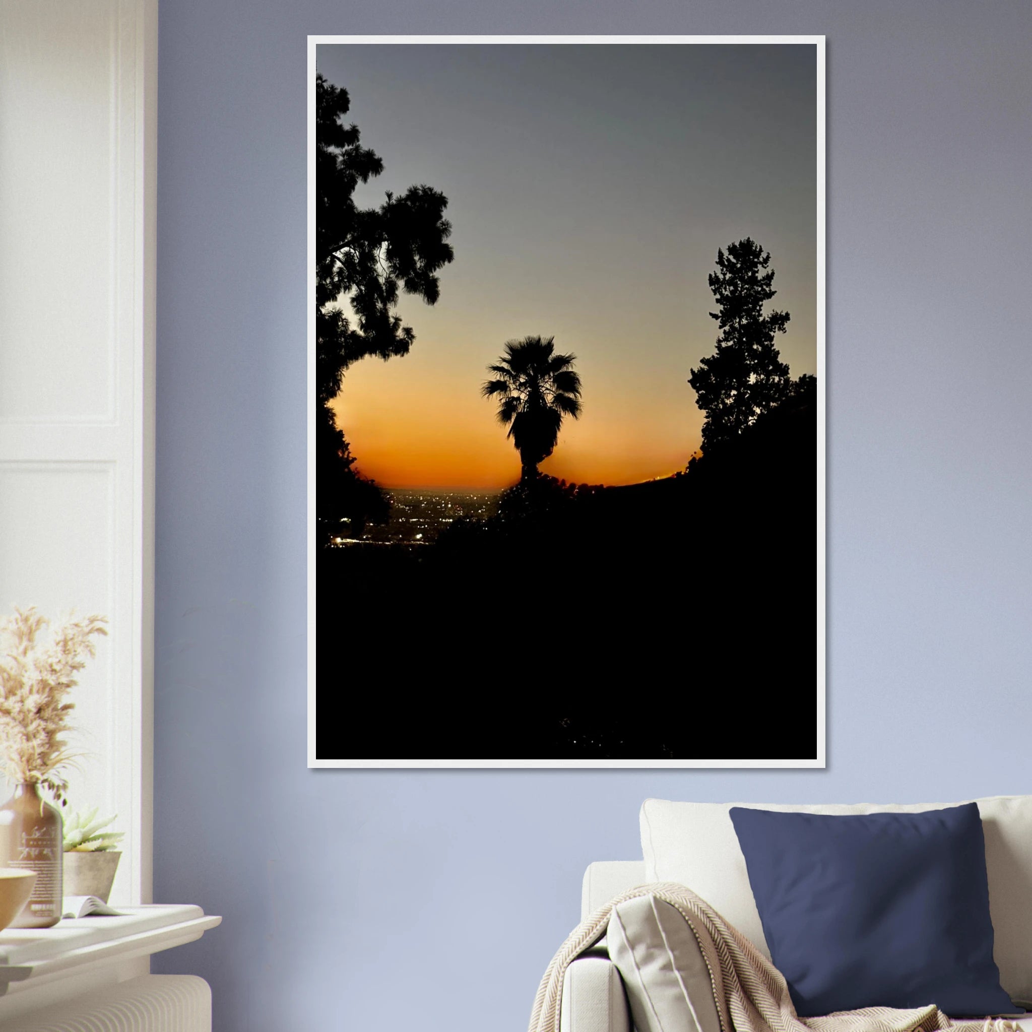 Framed print of Winter Sunset Laurel Canyon in Hollywood Hills, California, featuring vibrant sunset colors and scenic landscape art.