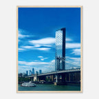 Framed NYC Manhattan Bridge and East River urban photography print, showcasing iconic New York City skyline and bridge details.