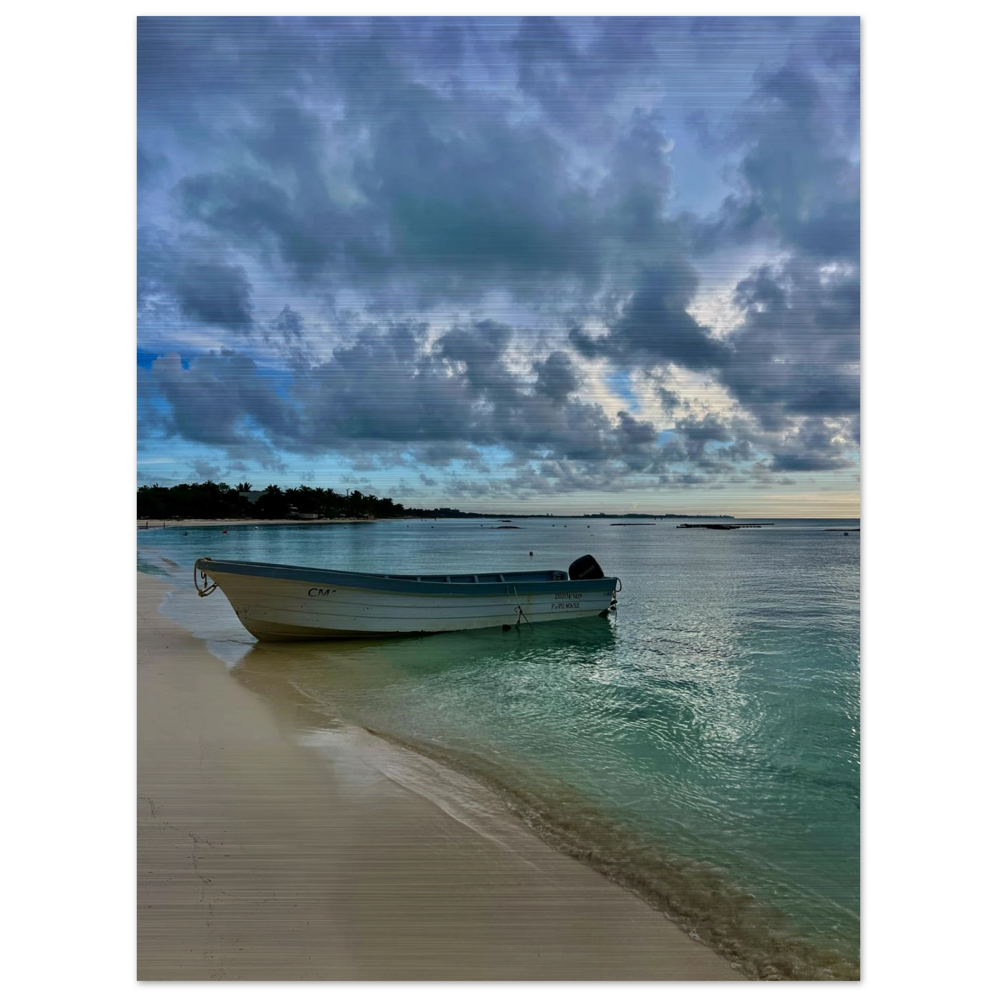 Brushed aluminum print of Idyllic Tulum Fisherboat scene from CaliCuration's Calm Caribbean Beach art collection.