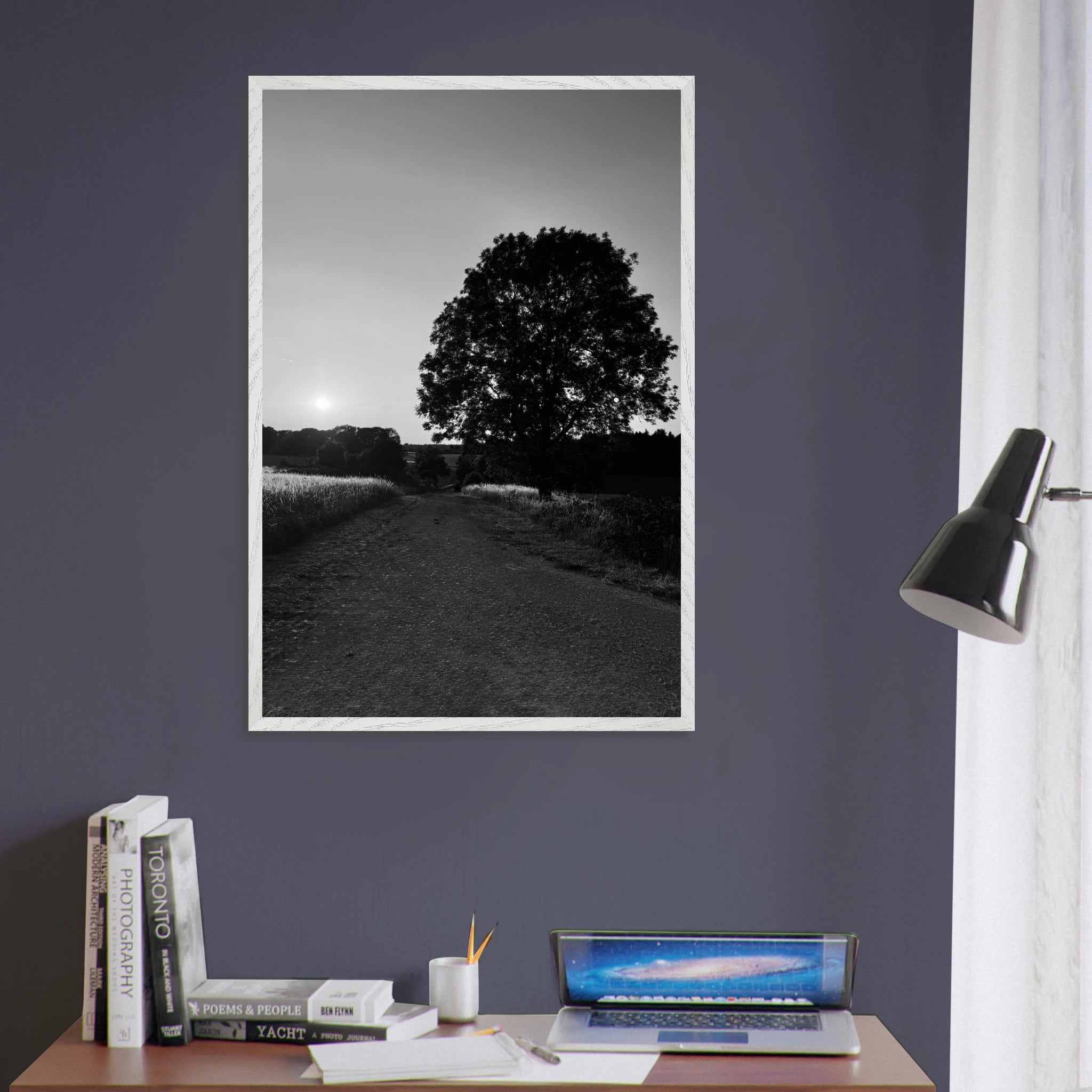 Black and white mounted wooden framed poster of summer in the English countryside Cotswolds, part of the Studio Edition travel collection.