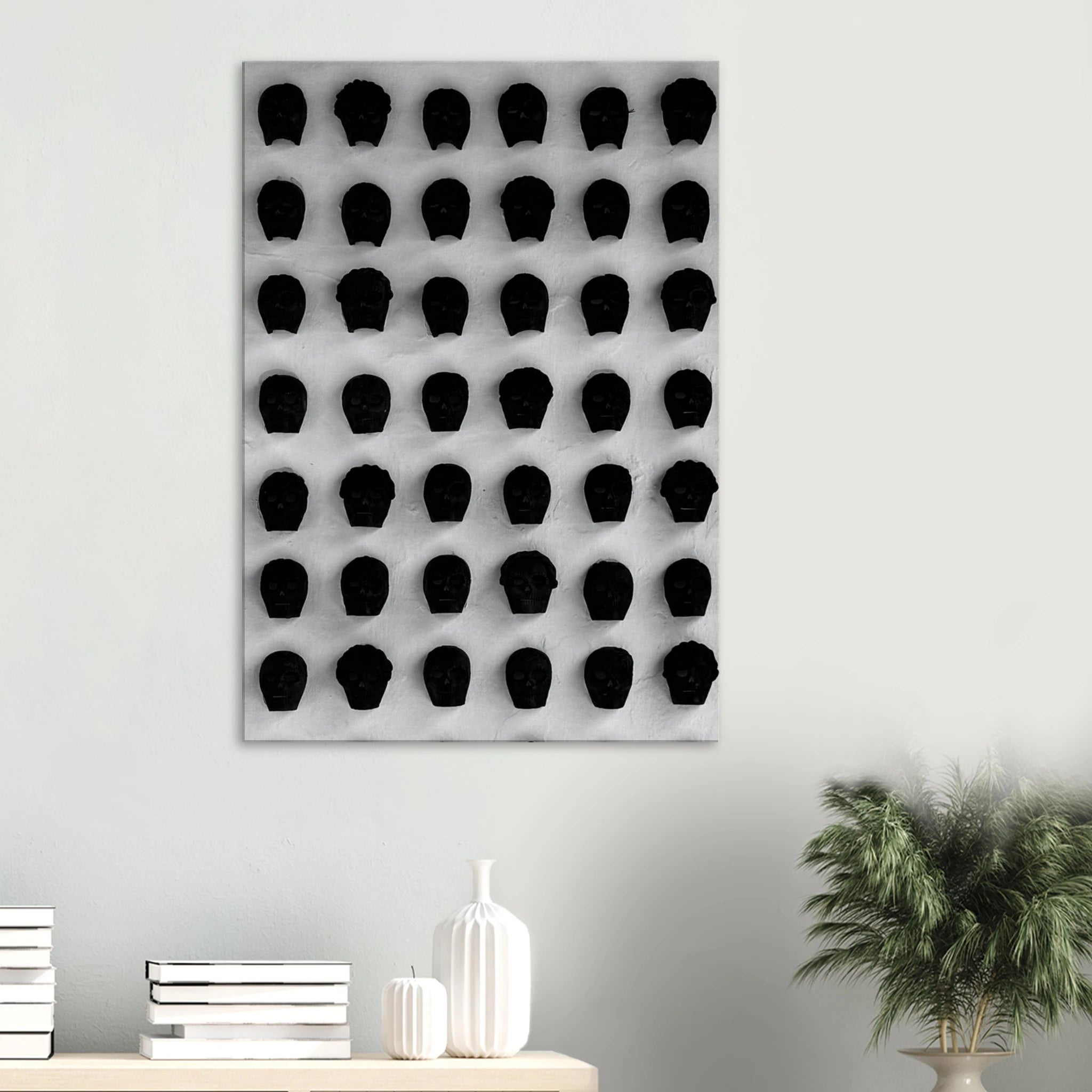 Black and white skull grid canvas wall art, minimalist monochrome photography print for modern home decor.