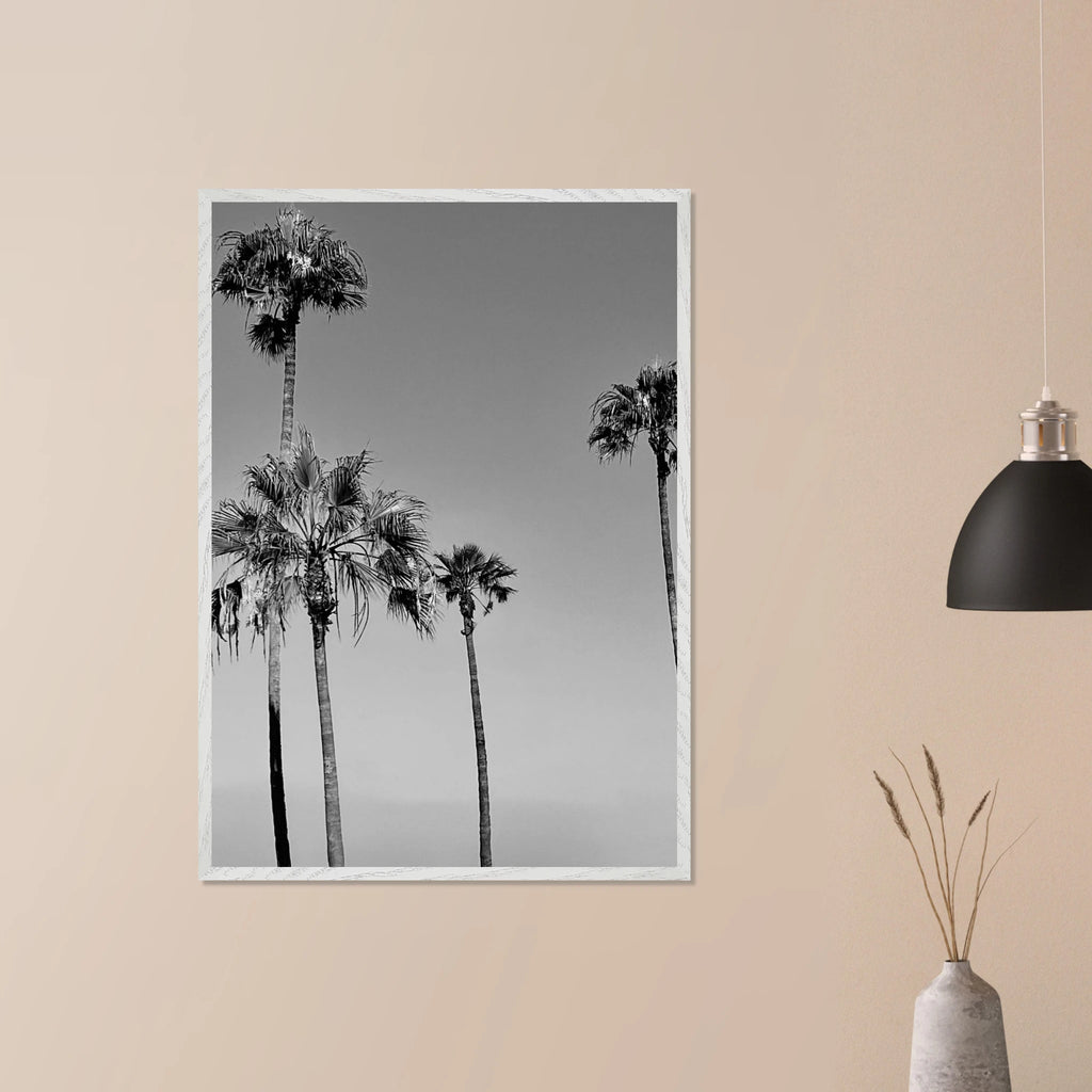 Premium wooden framed black and white California beach icons poster from My Store, featuring semi-glossy print design.
