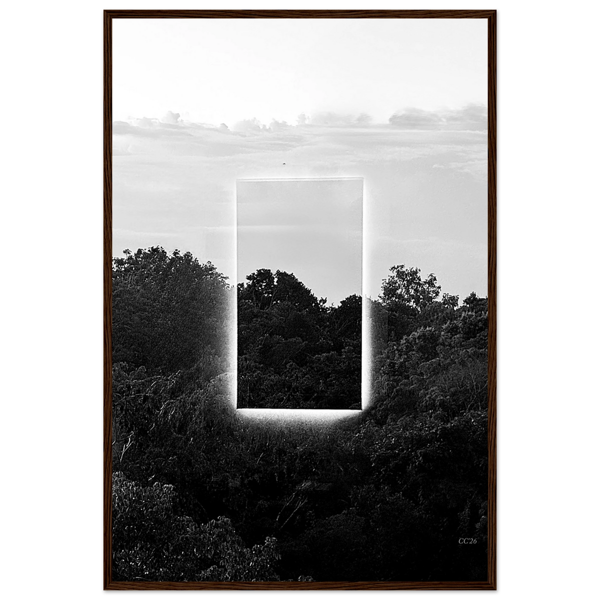 Black and white print titled "A Window into Jungle Stillness," exclusive edition by CaliCuration, showcasing a tranquil jungle scene.