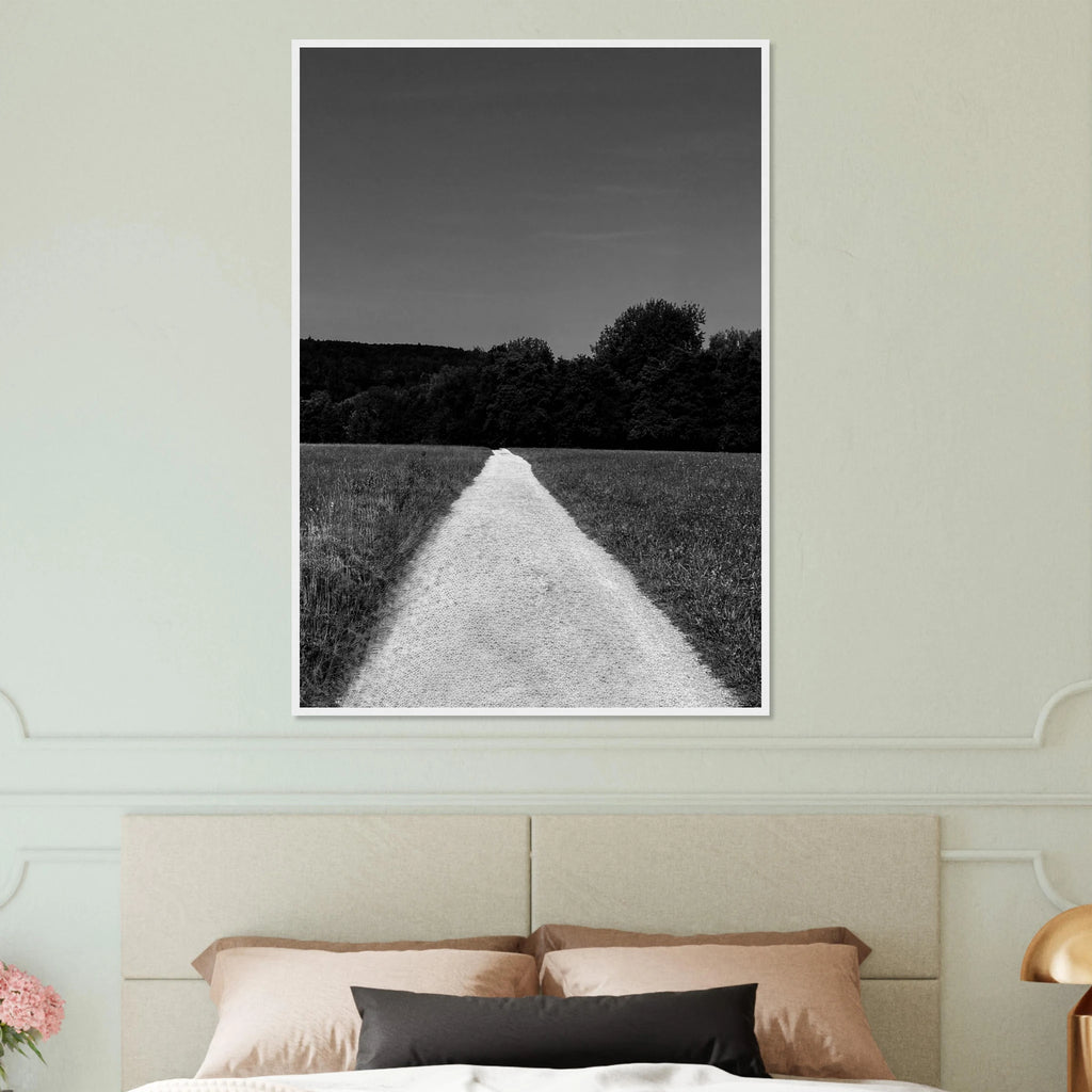 Black and white framed poster featuring a summer road scene from the Travel Collection, printed on premium semi-glossy paper.