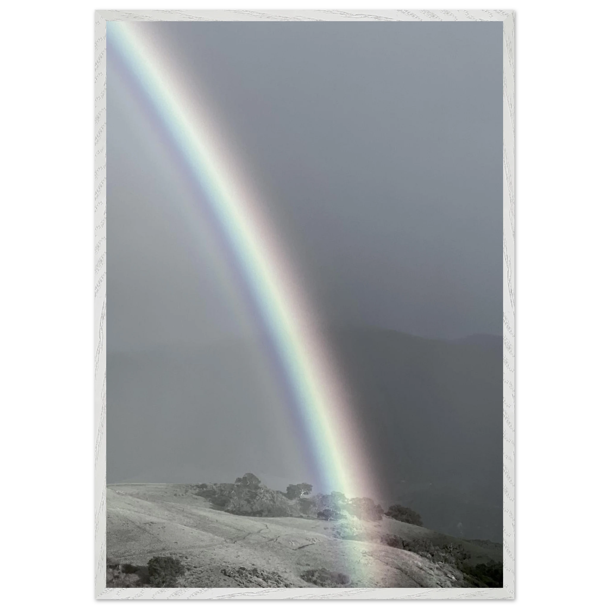 Black and white mounted framed poster of a post-summer storm rainbow from the California Central Coast travel collection, studio edition.
