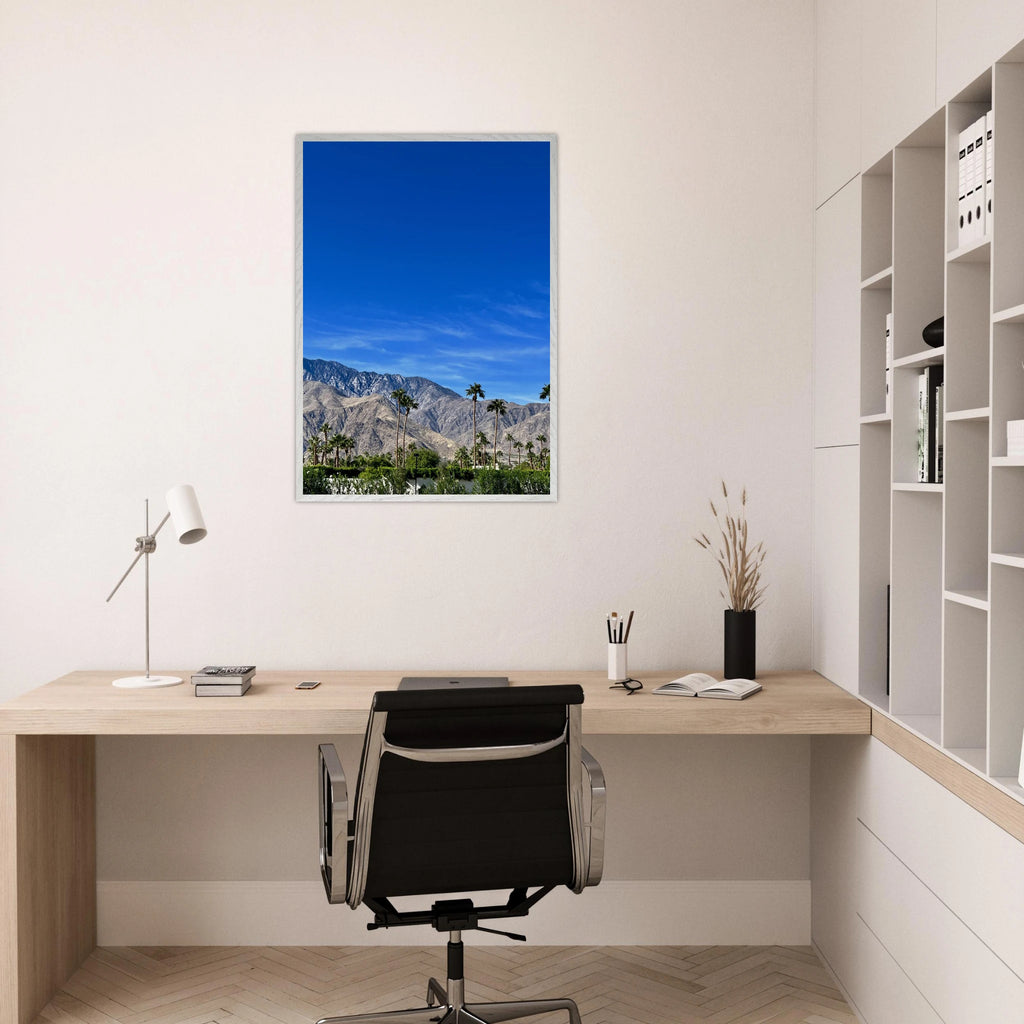 Wooden framed poster of a sunny fall day in Palm Springs, California, featuring colorful autumn scenery, Studio Edition art print.