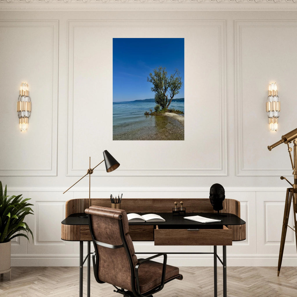 European lake scene with majestic tree aluminum print, nature-inspired wall art from the Travel Collection, Studio Edition.
