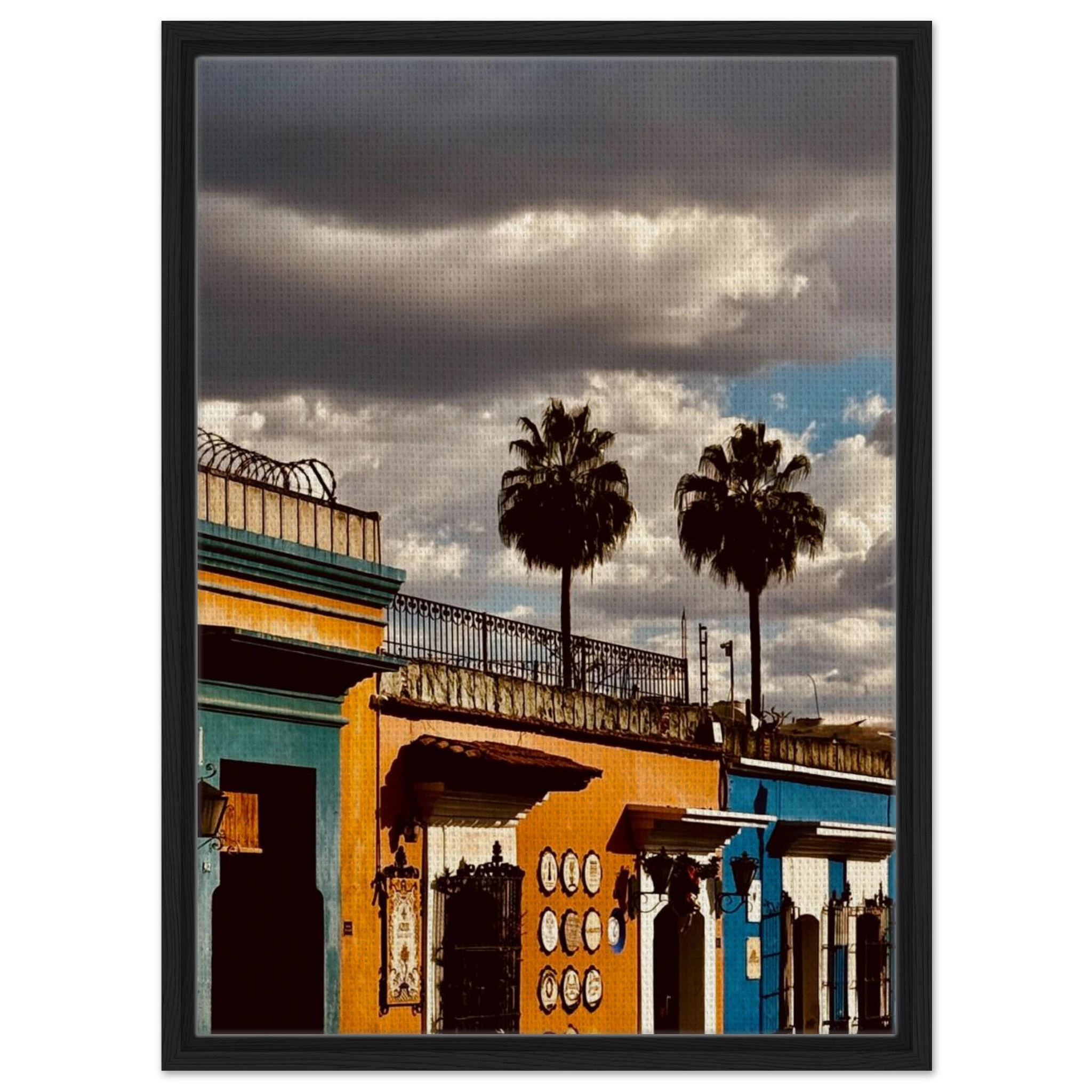 Framed canvas print of two palm trees from Mexico Oaxaca travel collection by CaliCuration, studio edition, spring 2026.