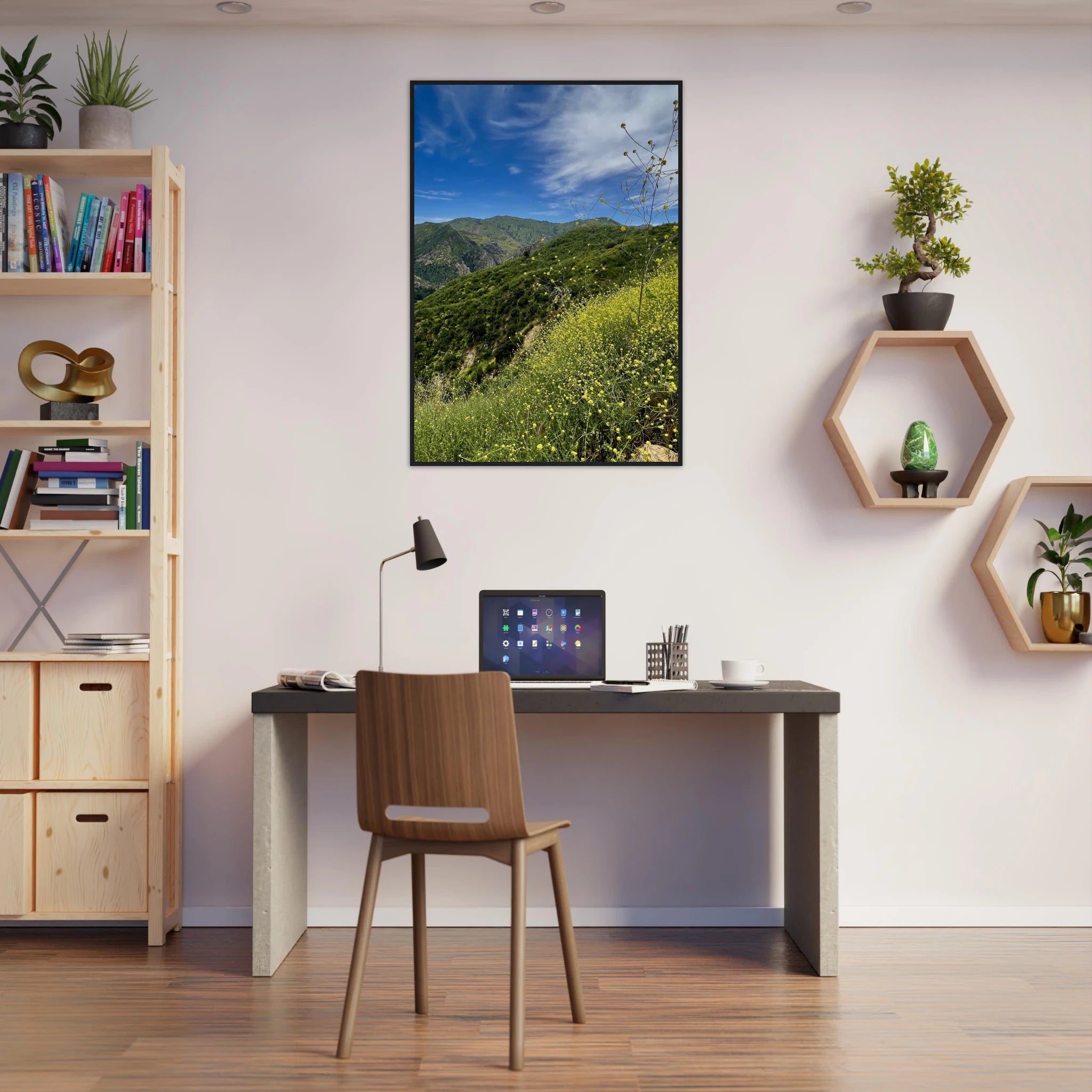 Malibu Canyon Wildflowers wooden framed poster on museum-quality matte paper wall art, featuring California landscape and floral design.