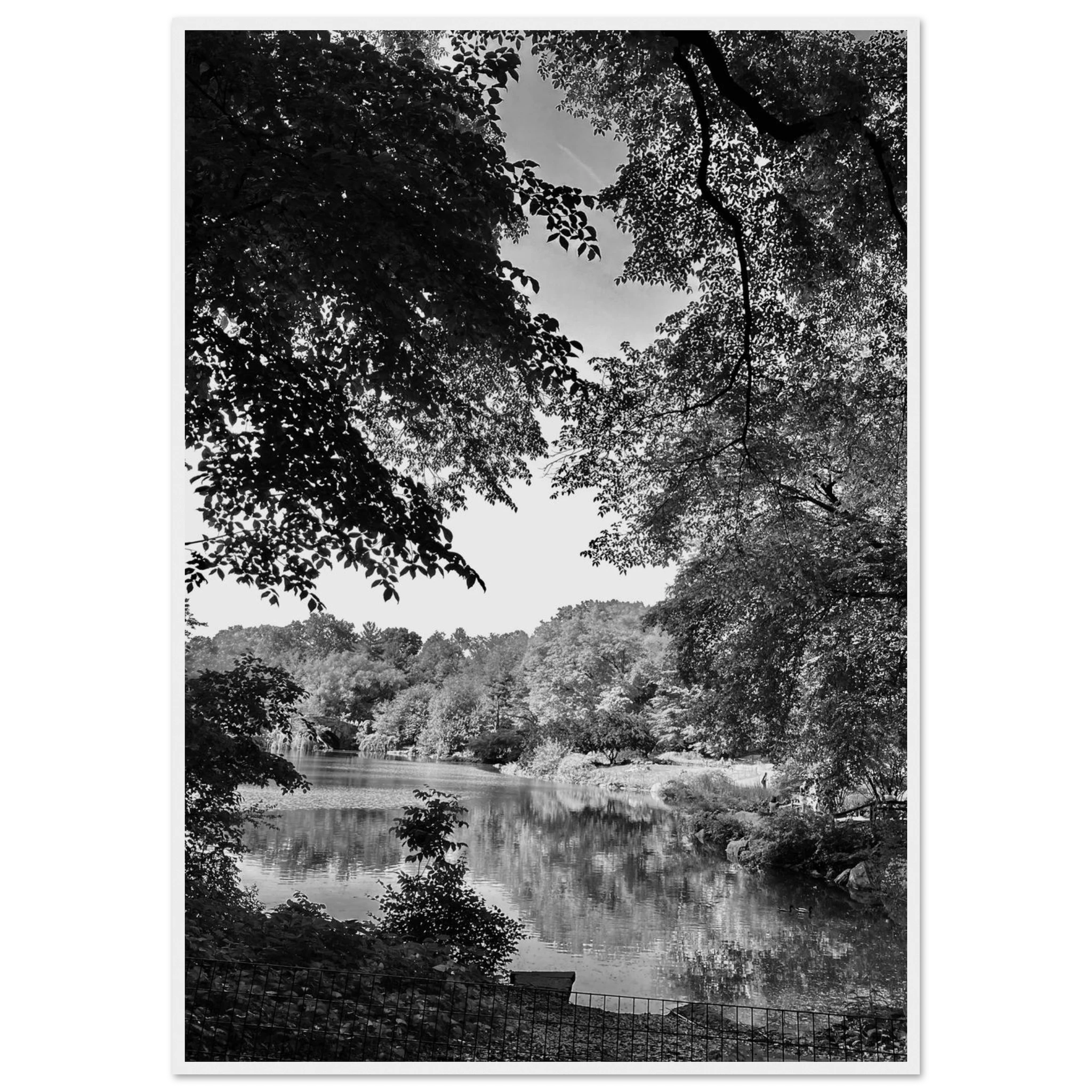 Black and white framed print of a summer lake scene in Upstate NY from the Studio Edition Travel Collection.