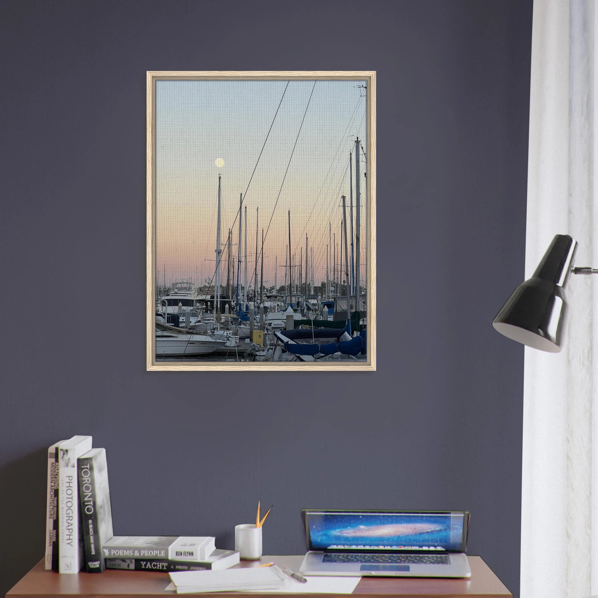 Framed canvas art print of Marina Del Rey summer evening scene with nautical and chic tones, by California Canvas Studio Edition.