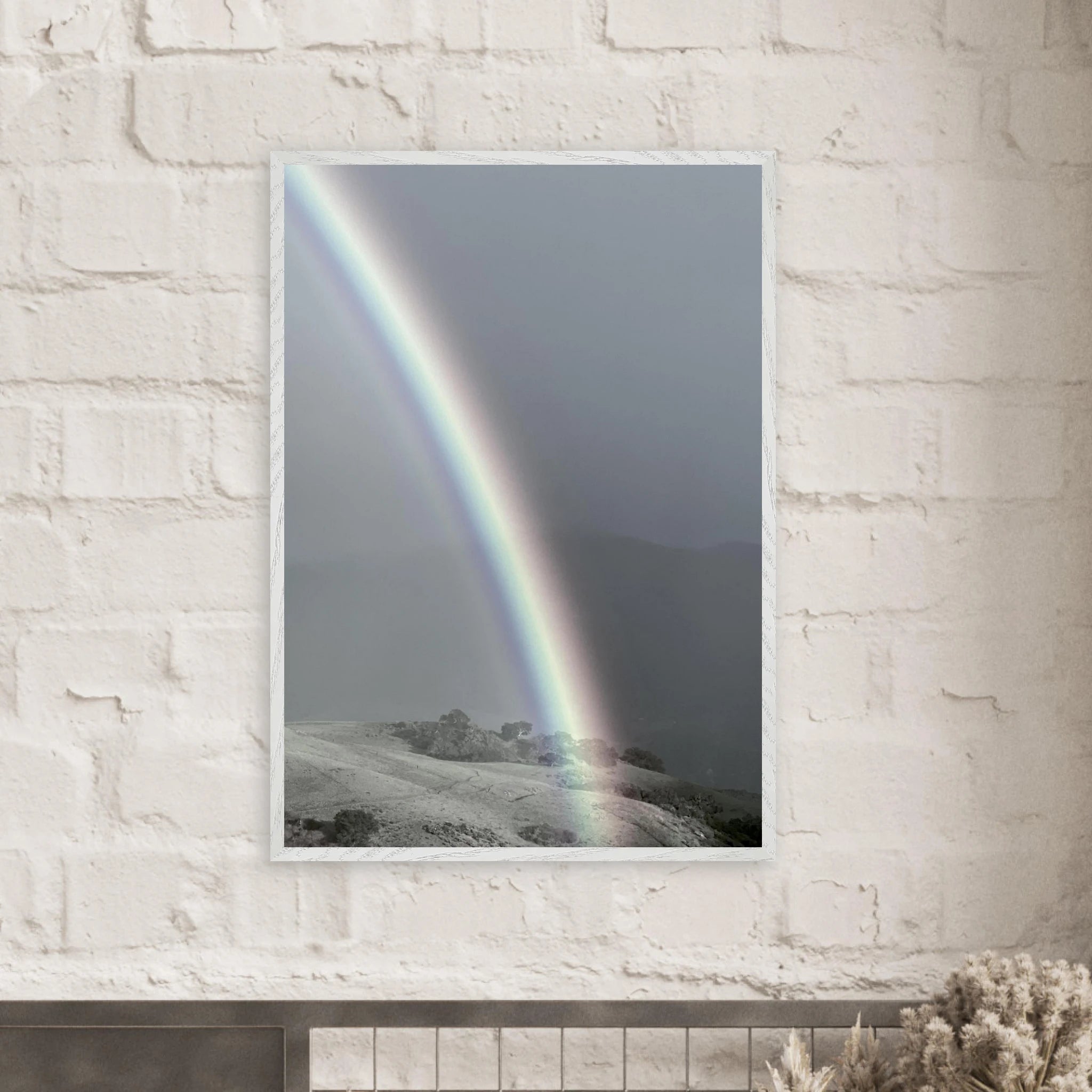 Black and white framed poster of a rainbow after a summer storm from the California Central Coast, part of the Studio Edition print collection.