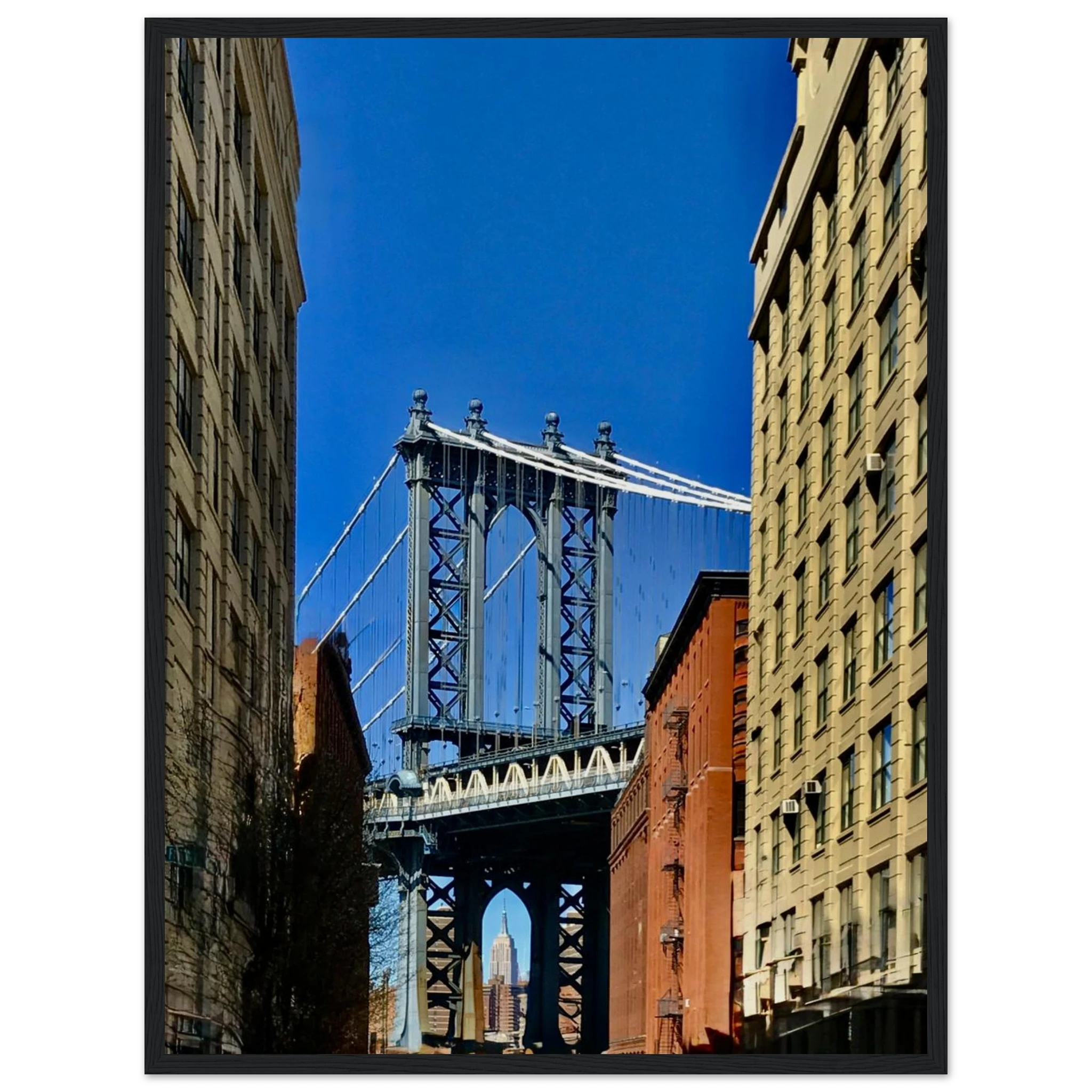 NYC Dumbo skyline wooden framed print by CaliCuration, featuring a spring day cityscape wall art from the Travel Collection.