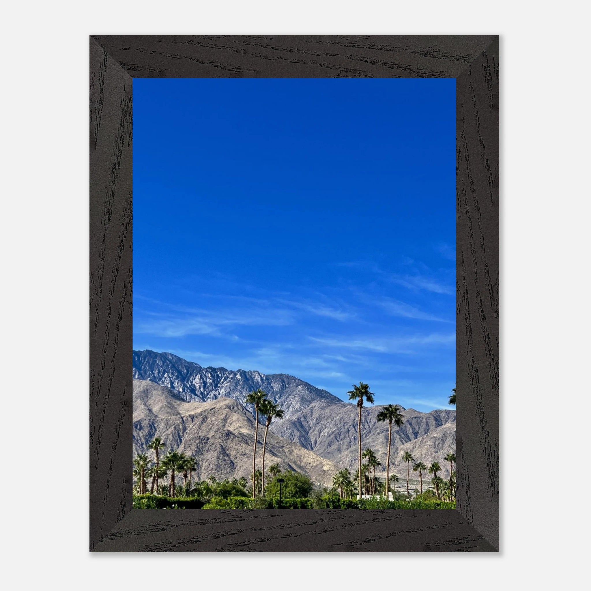 Premium wooden framed poster of a sunny fall day in Palm Springs, California, featuring vibrant autumn scenery and detailed print art.