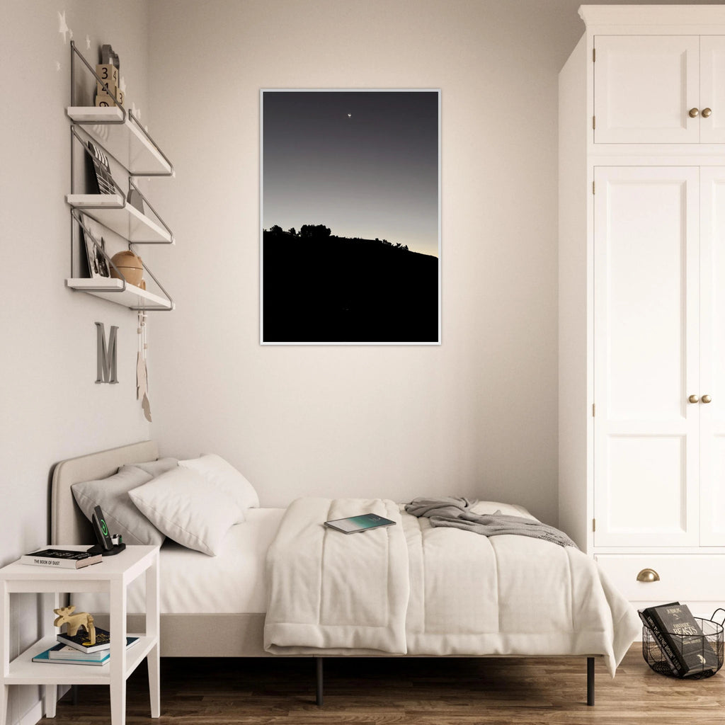 Black and white fall moon Hollywood Hills poster print with wooden frame, part of the Studio Edition California art series.