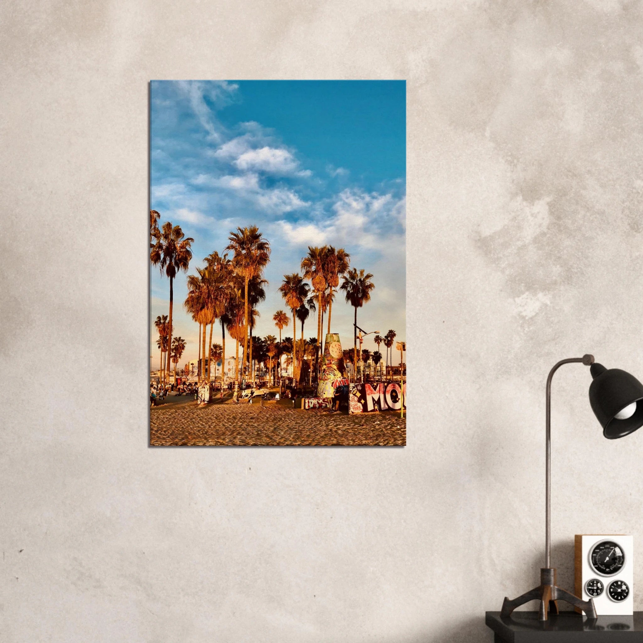 SoCal Beach canvas print featuring edgy palm trees and graffiti design, California-themed studio edition wall art.