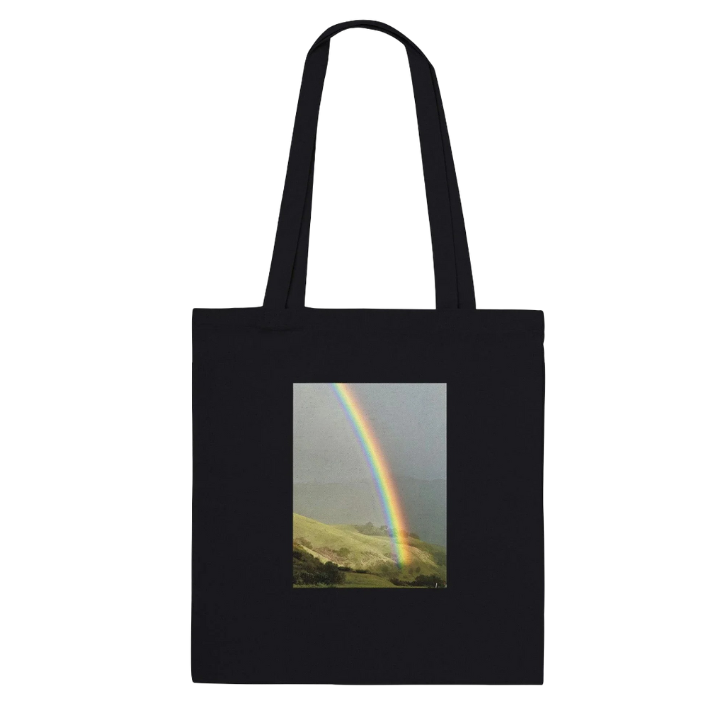 Colorful rainbow print cotton tote bag with summer vibes design, eco-friendly and spacious, perfect for casual outings and adventures.