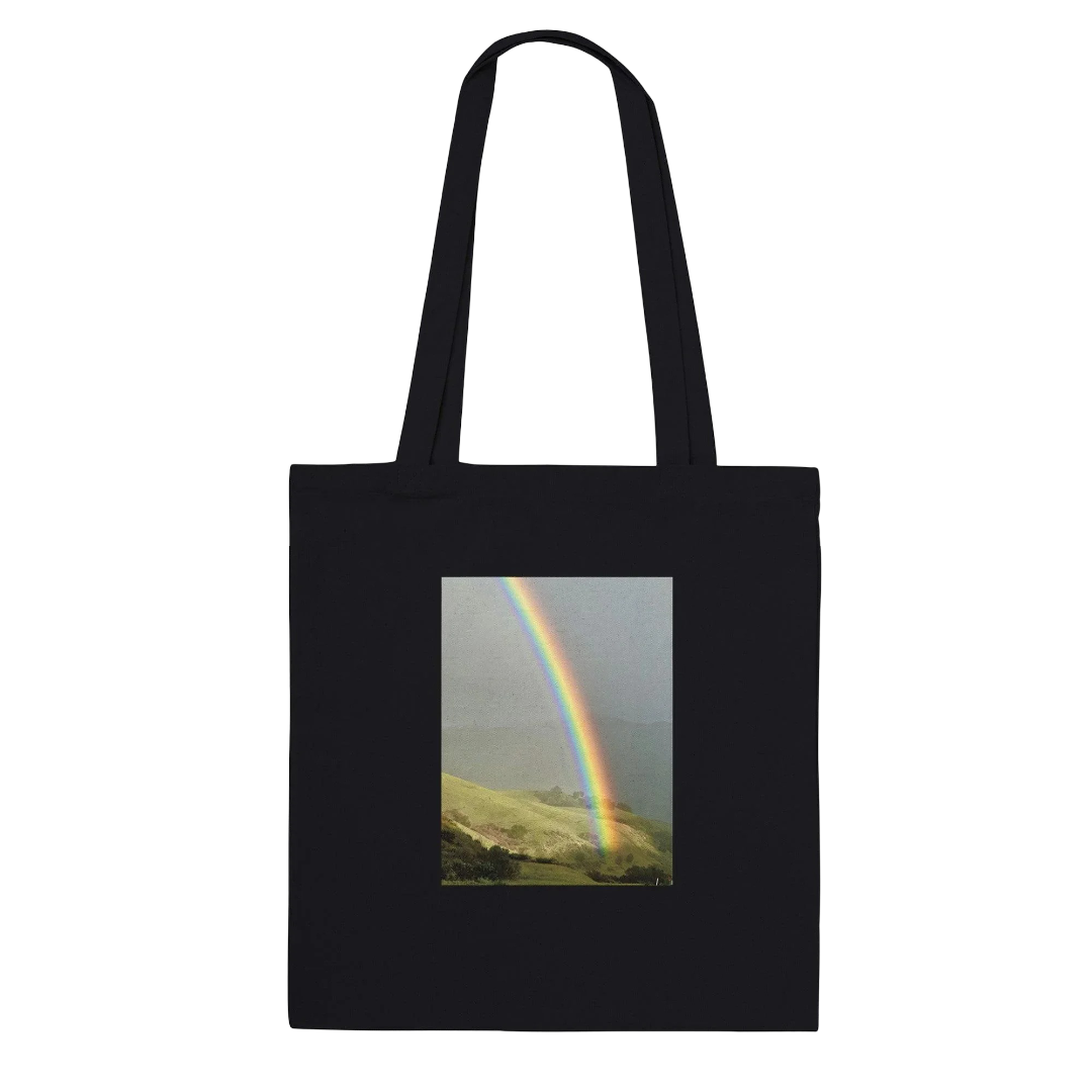 Colorful rainbow print cotton tote bag with summer vibes design, eco-friendly and spacious, perfect for casual outings and adventures.