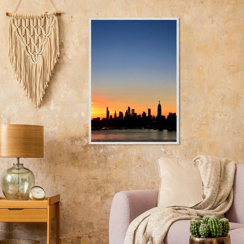Manhattan skyline sunset framed poster featuring New York City wall art print on high-quality material.