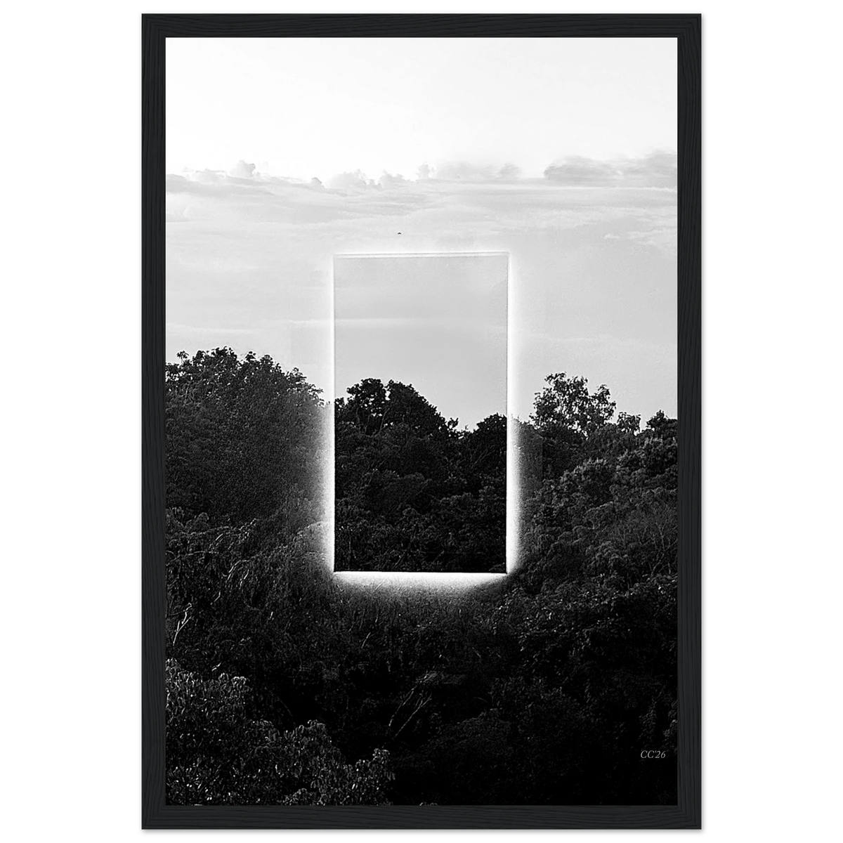 Black and white print titled "A Window into Jungle Stillness" by CaliCuration, showcasing a serene jungle scene in a minimalistic style.