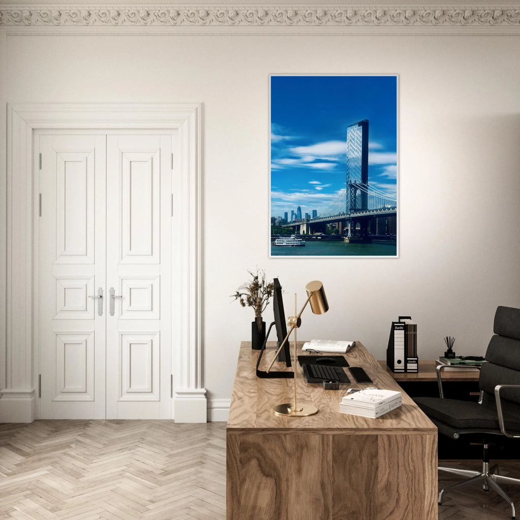 Framed NYC Manhattan Bridge and East River urban photography print, showcasing iconic New York City skyline, in a sleek Studio Edition frame.