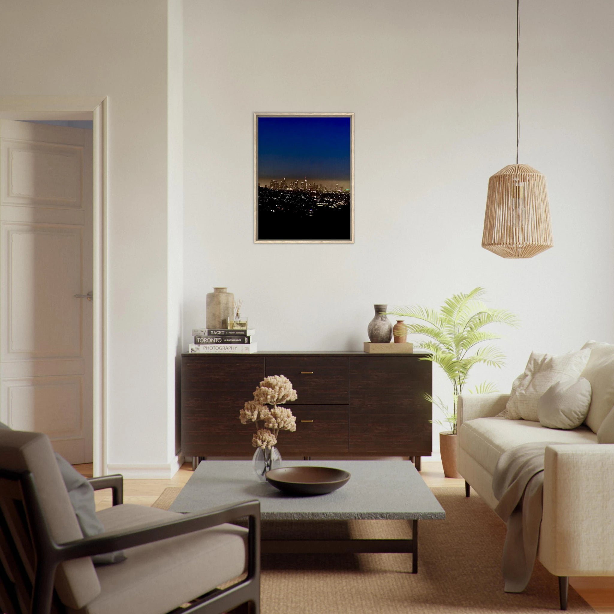 Premium wooden framed canvas print of Los Angeles Downtown Nightglow, elegant home wall art with vibrant cityscape imagery.