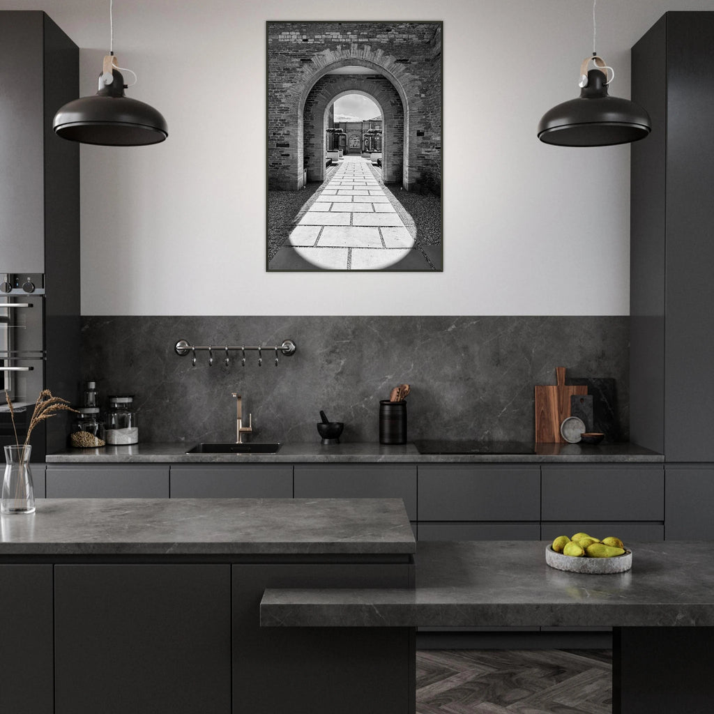 Black and white Cotswolds Estate aluminum framed poster featuring summer light and shadows, part of the Studio Edition travel art collection.
