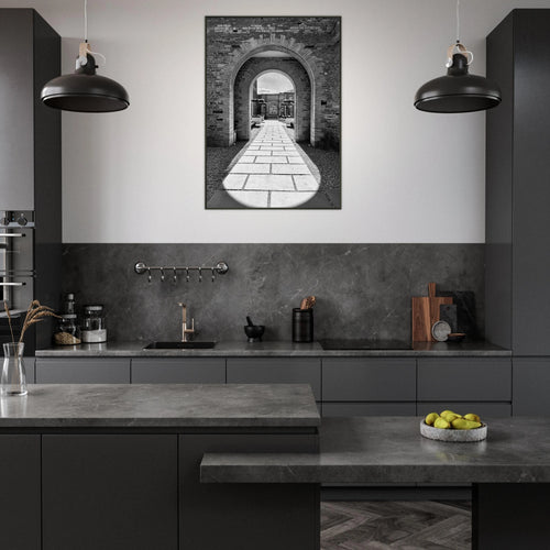 Black and white Cotswolds Estate aluminum framed poster featuring summer light and shadows, part of the Studio Edition travel art collection.