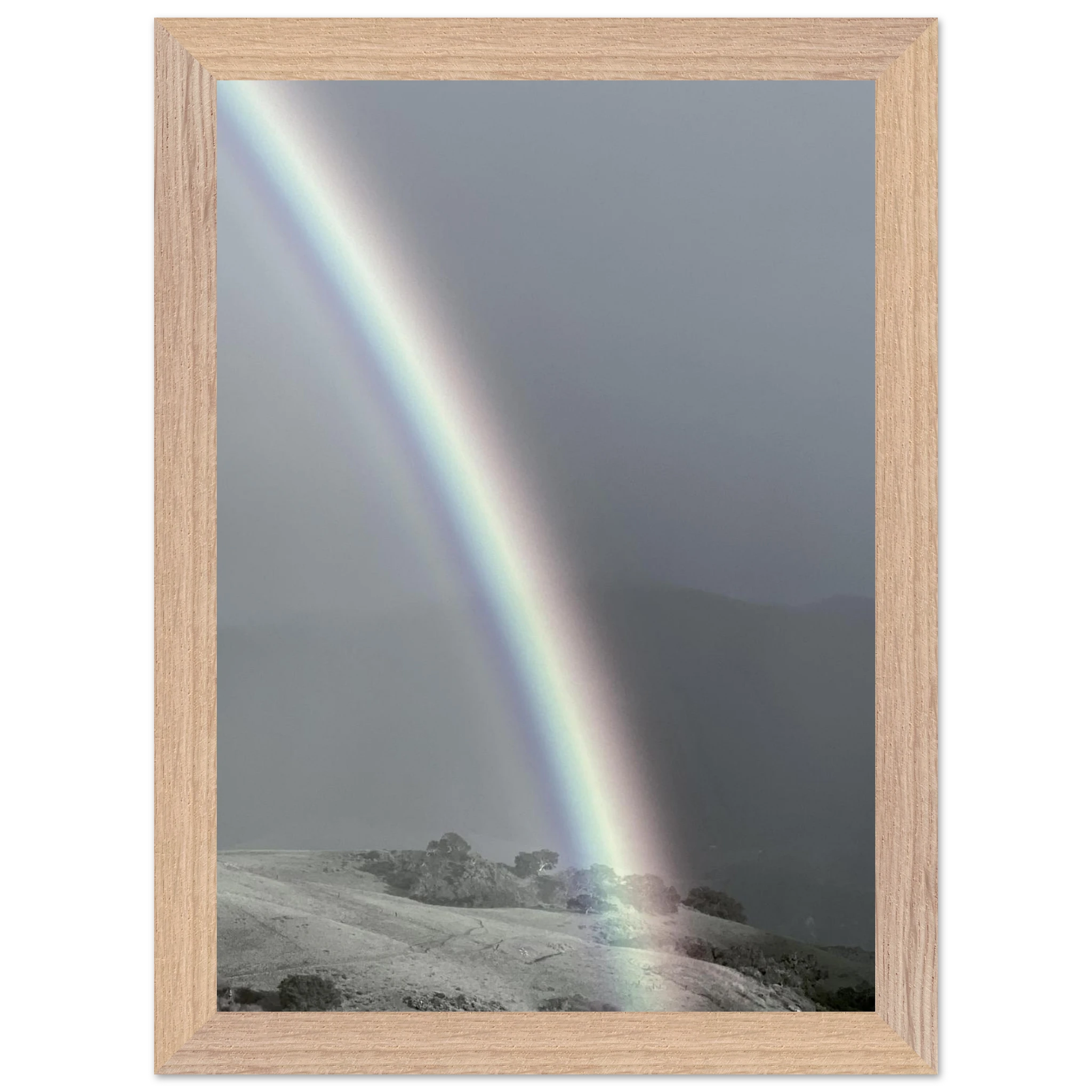 Black and white mounted framed poster of Post Summer Storm Rainbow from the California Central Coast travel collection, studio edition print.