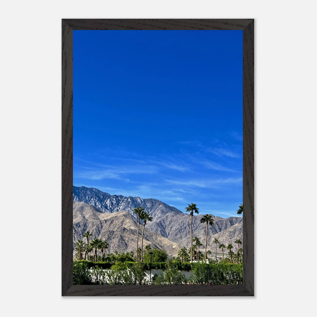 Wooden framed poster of a sunny fall day in Palm Springs, California, featuring vibrant autumn scenery and artistic studio edition print.
