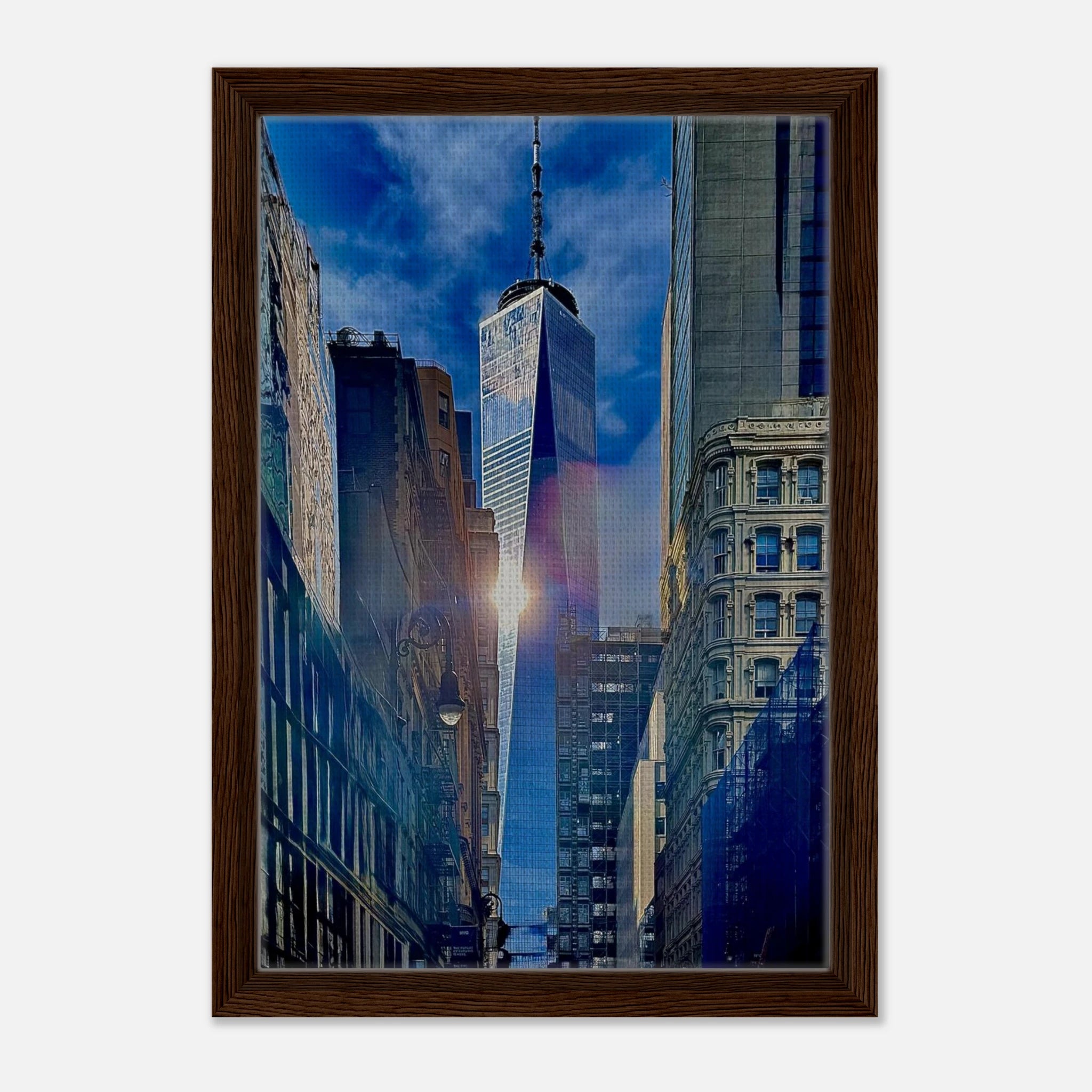 Framed canvas print of sunlight reflecting at One World Trade NYC, from My Store's Travel Collection, Studio Edition holiday art.