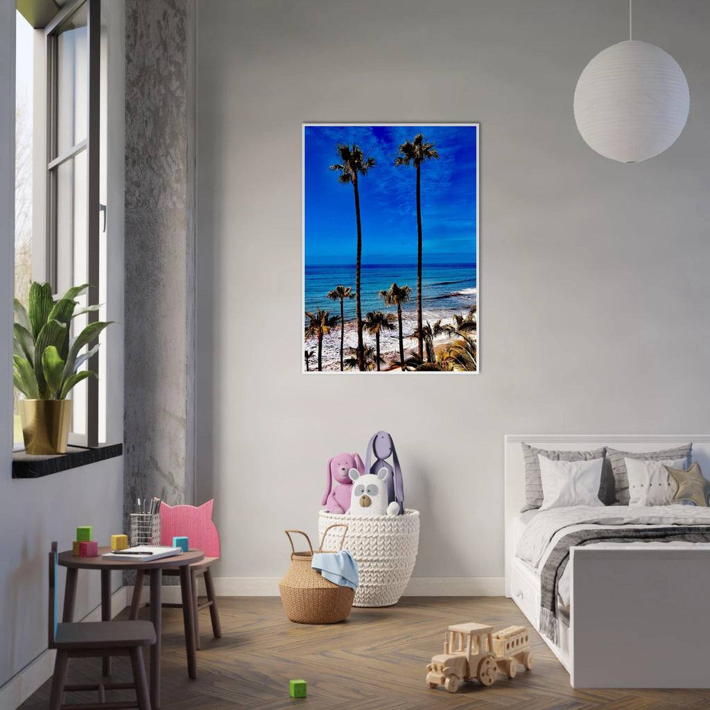 Malibu palm tree family framed poster by CaliCuration, California art print featuring a spring '26 studio edition design.