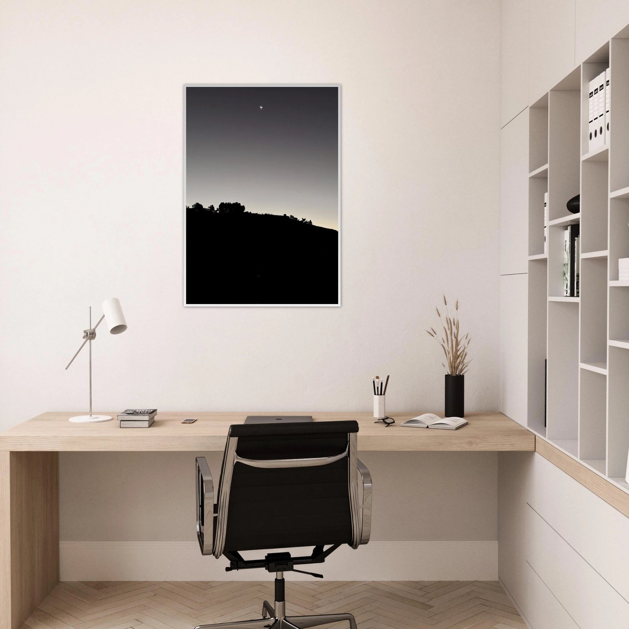 Wooden framed black and white poster of Hollywood Hills moonrise from the Fall New Moon series, studio edition print art.