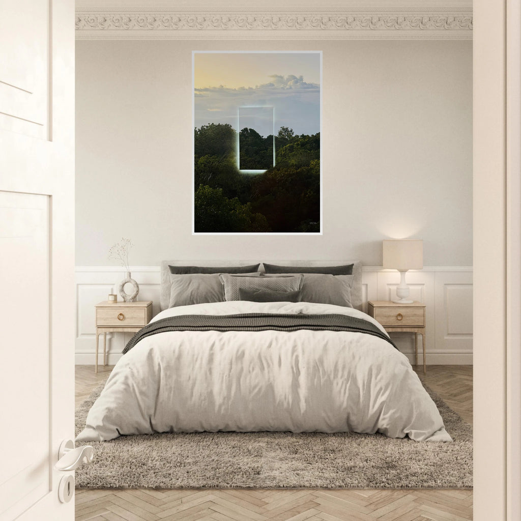Color print titled "A Window into Jungle Stillness" by CaliCuration, showcasing a tranquil jungle scene in vibrant colors.