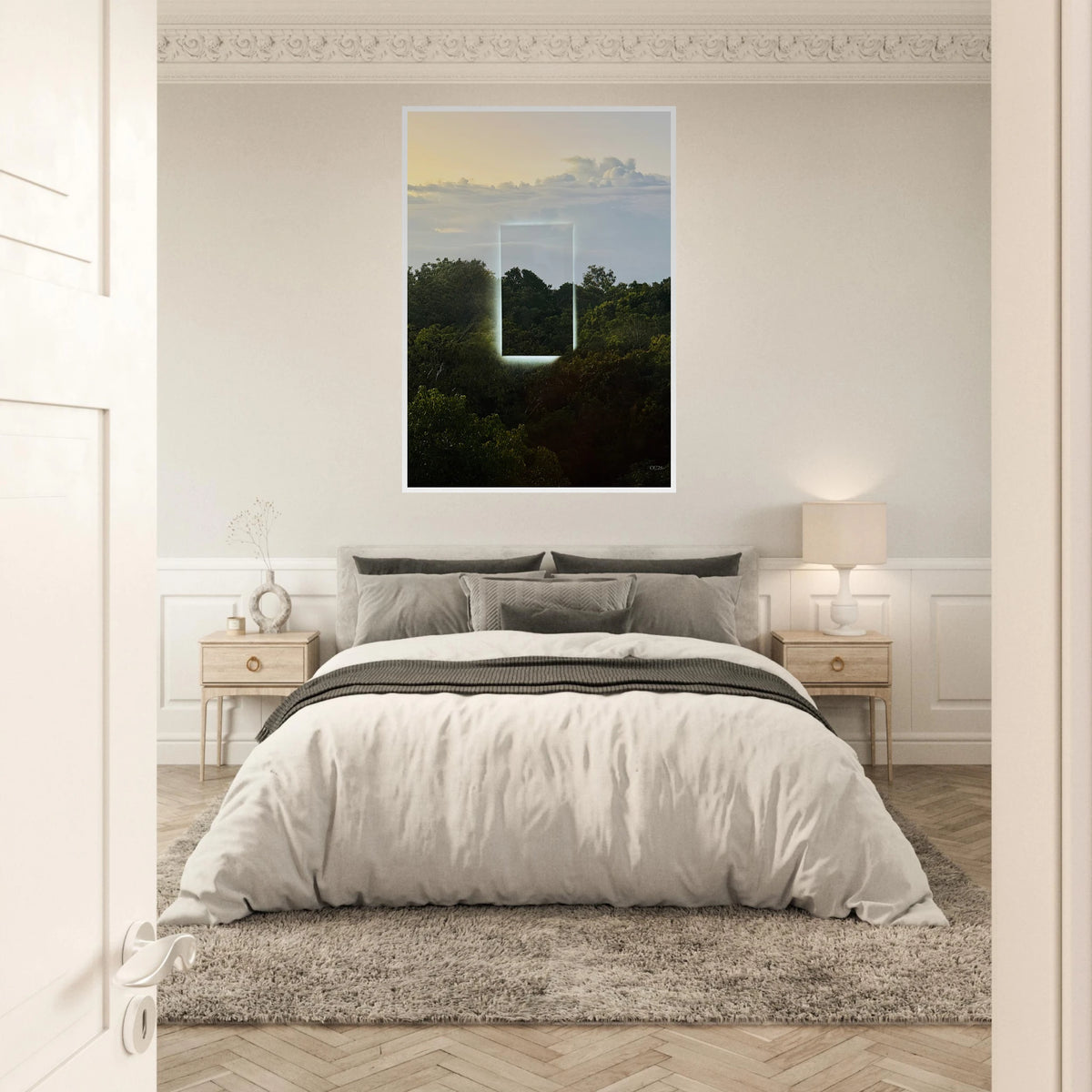 Color print titled "A Window into Jungle Stillness" by CaliCuration, showcasing a tranquil jungle scene in vibrant colors.
