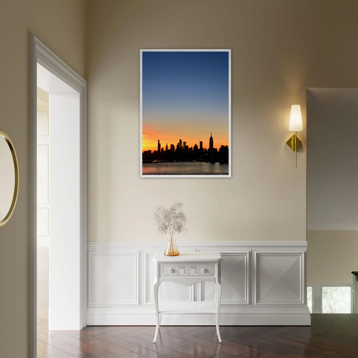 Manhattan skyline sunset framed poster featuring NYC cityscape wall art on high-quality print material.