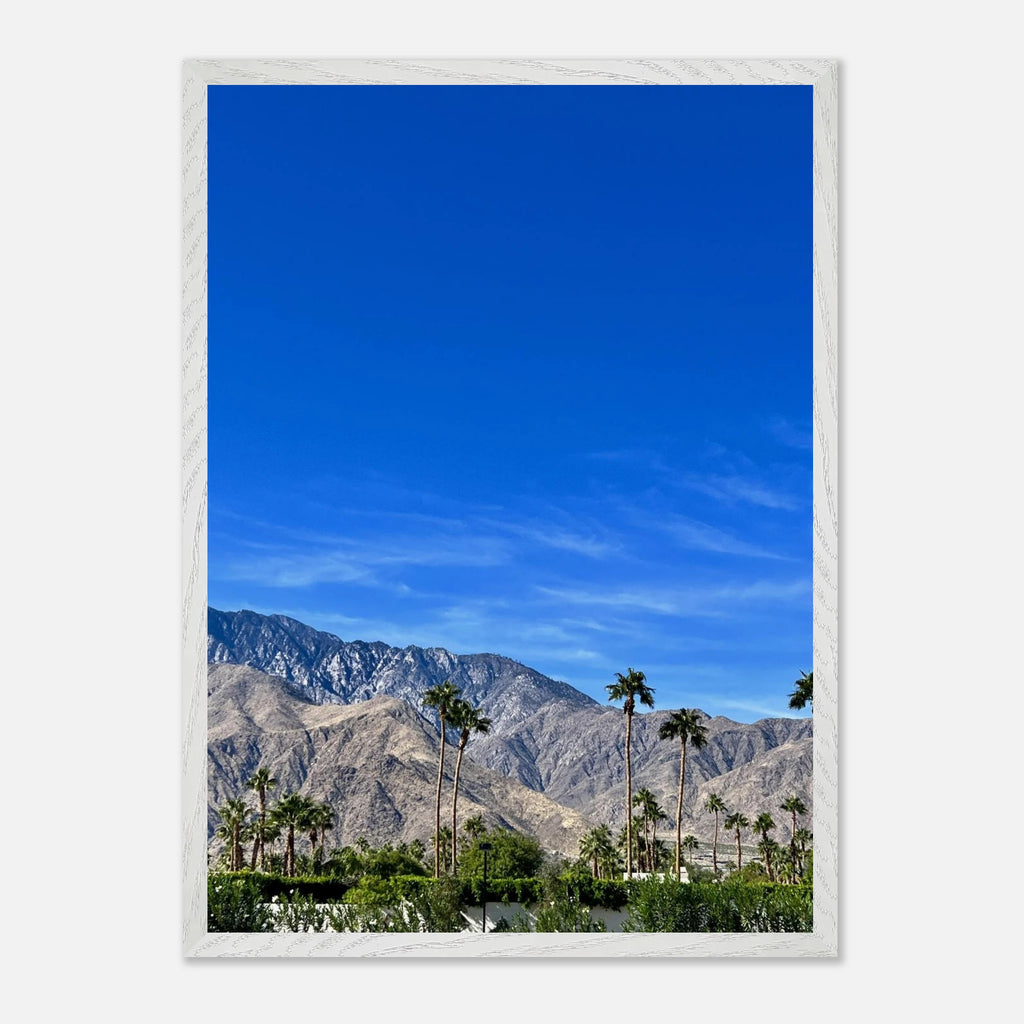 Premium wooden framed poster featuring a sunny fall day scene in Palm Springs, California, with vibrant colors and detailed print art.