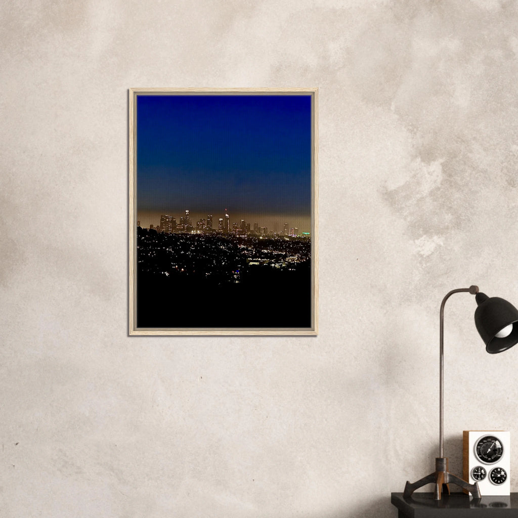 Premium wooden framed canvas print of Los Angeles Downtown Nightglow, elegant home wall art, California Studio Edition.